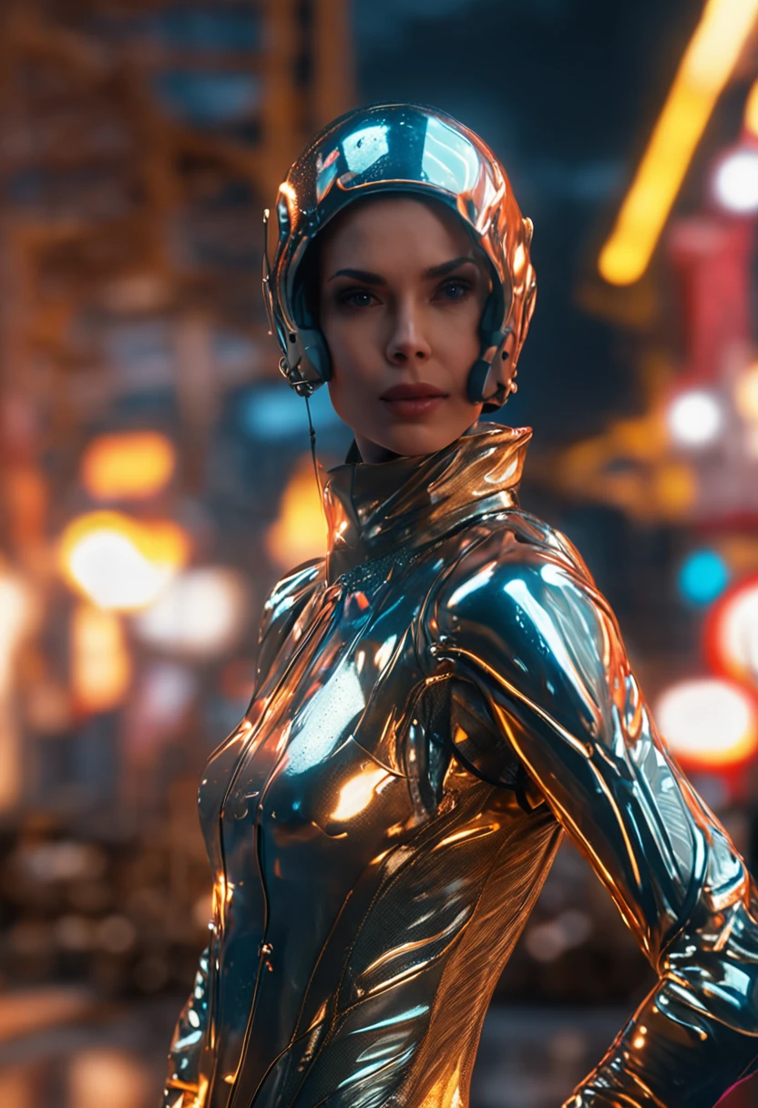 (((Best Quality))), (((masutepiece))), Solo, Super Fine Photo, full body picture Unreal Engine 5 8K UHD, Beautiful Girl, Details of face, Wearing a gold lace skin tight latex catsuit, latex collar, Latex Gloves, Latex long socks with strap, arm and leg cuffs, Unified 8K Wallpaper, Hyper Detailed, Sharp Focus, Walking through the city of the future.