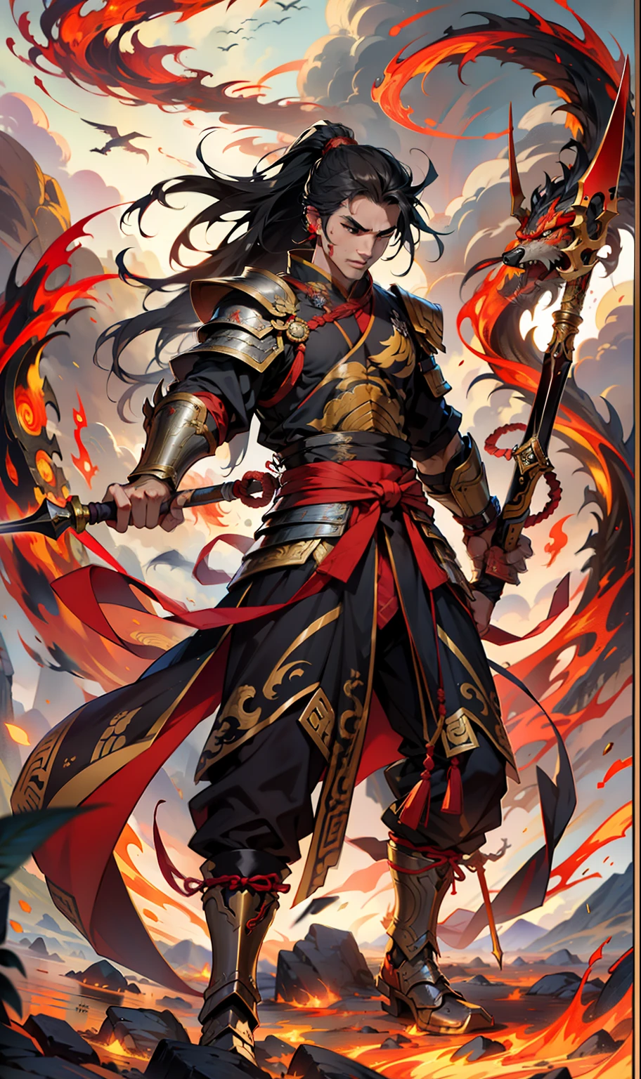 1boys， blood in face， irate， With a spear， （fly）， Chinese mythology， The cloudy， Detailed sky， abstract backgrounds， （Flame_Surge_Style：0.5），There is an eye in the middle of the forehead，Hair coiled，hair in a ponytail，Dressed in armor，Strong body，Tall，There is a small dog around