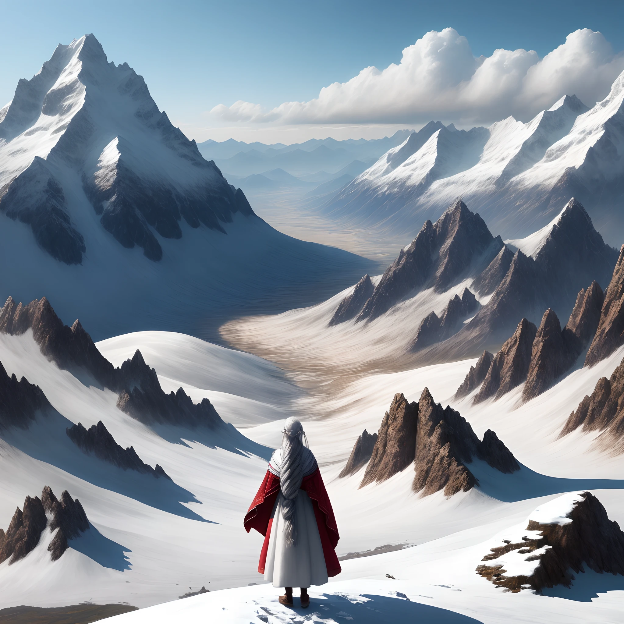 Above the mountains,There are women,Stand to the top of the mountain,Dressed in ancient white,whaite hair,Long flowing hair,There is a cold wind blowing in the distance