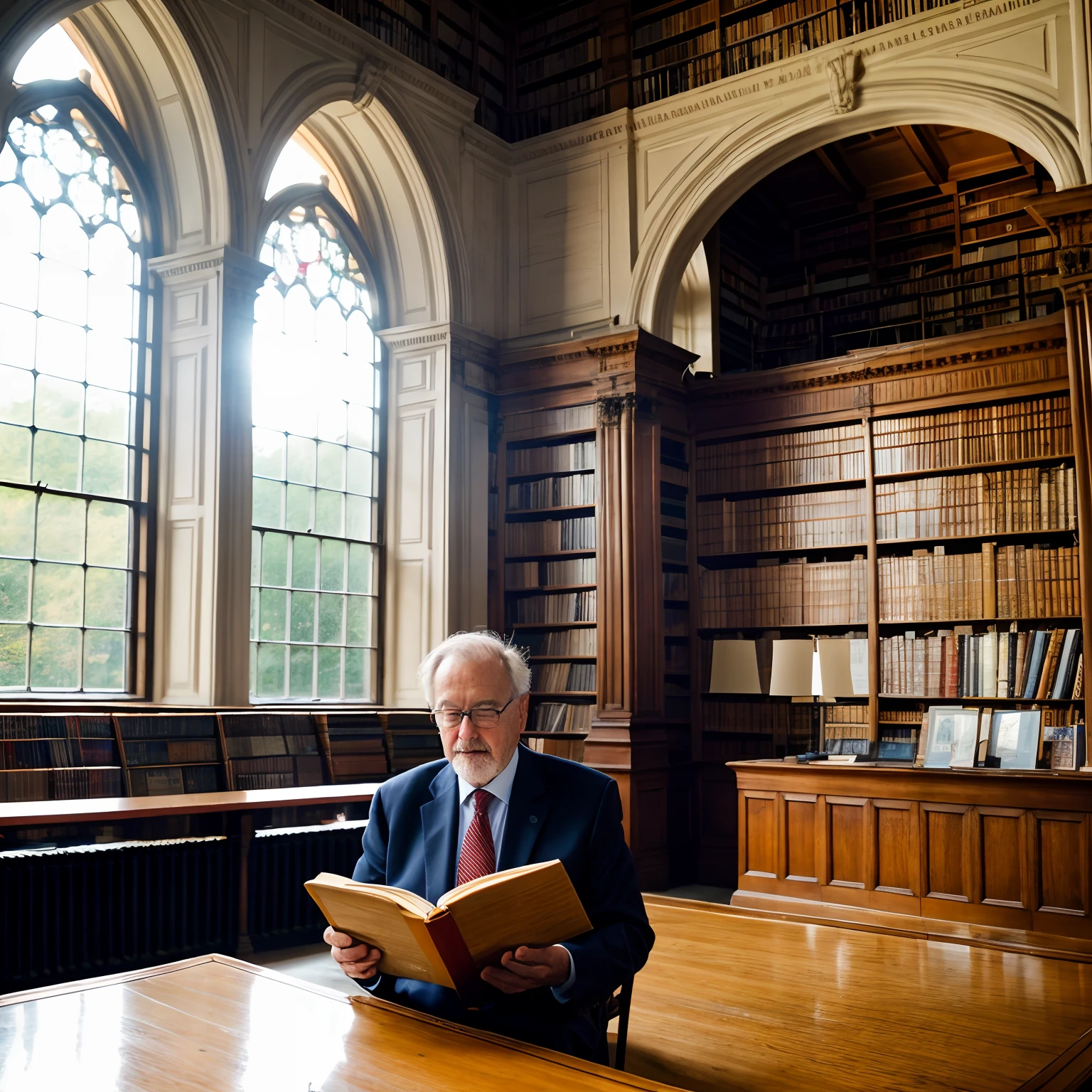RAW photo of 70 year old wise business man reading books in a library, looking at the book, big old library, big window at background, old treditional library
