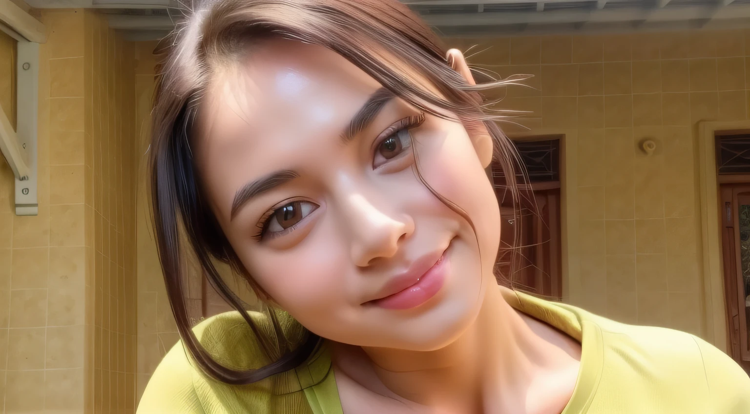 (8k, RAW photo, best quality, masterpiece:1.2), (realistic, photo-realistic:1.37), ultra-detailed, ultra high res,1 girl,looking at viewer,beautiful detailed face,smile,narrow,(slim waist:1.3),yellow shirt, beautiful detailed skin, skin texture, floating hair,professional lighting. Girl personality: versatile, curious, sociable, inconsistent, superficial