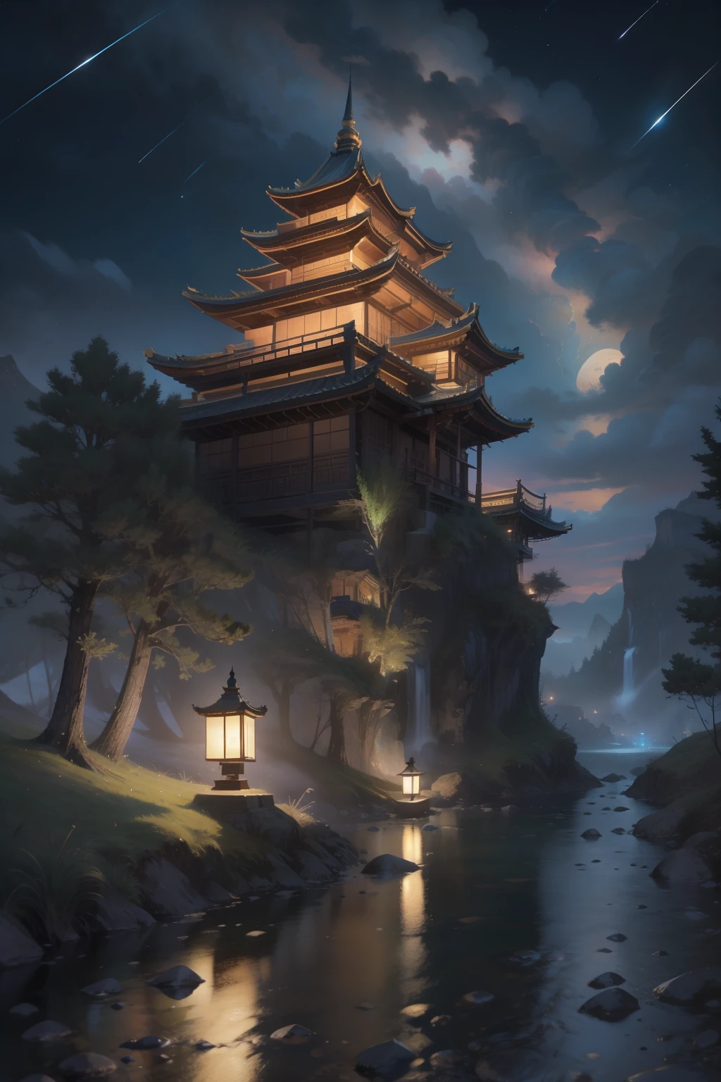 starrysky，kosmos，rays of moonlight，Moon，Skysky，highlight，bright，opulent，baiyun，yin yang，starlights，meteors，High hills，Mountain and river art，Unified 8k resolution wallpaper，high qulity，Photorealistic，High detail，Fantastic fantasy scene，The details are extremely detailed，scenecy，Magic，heal