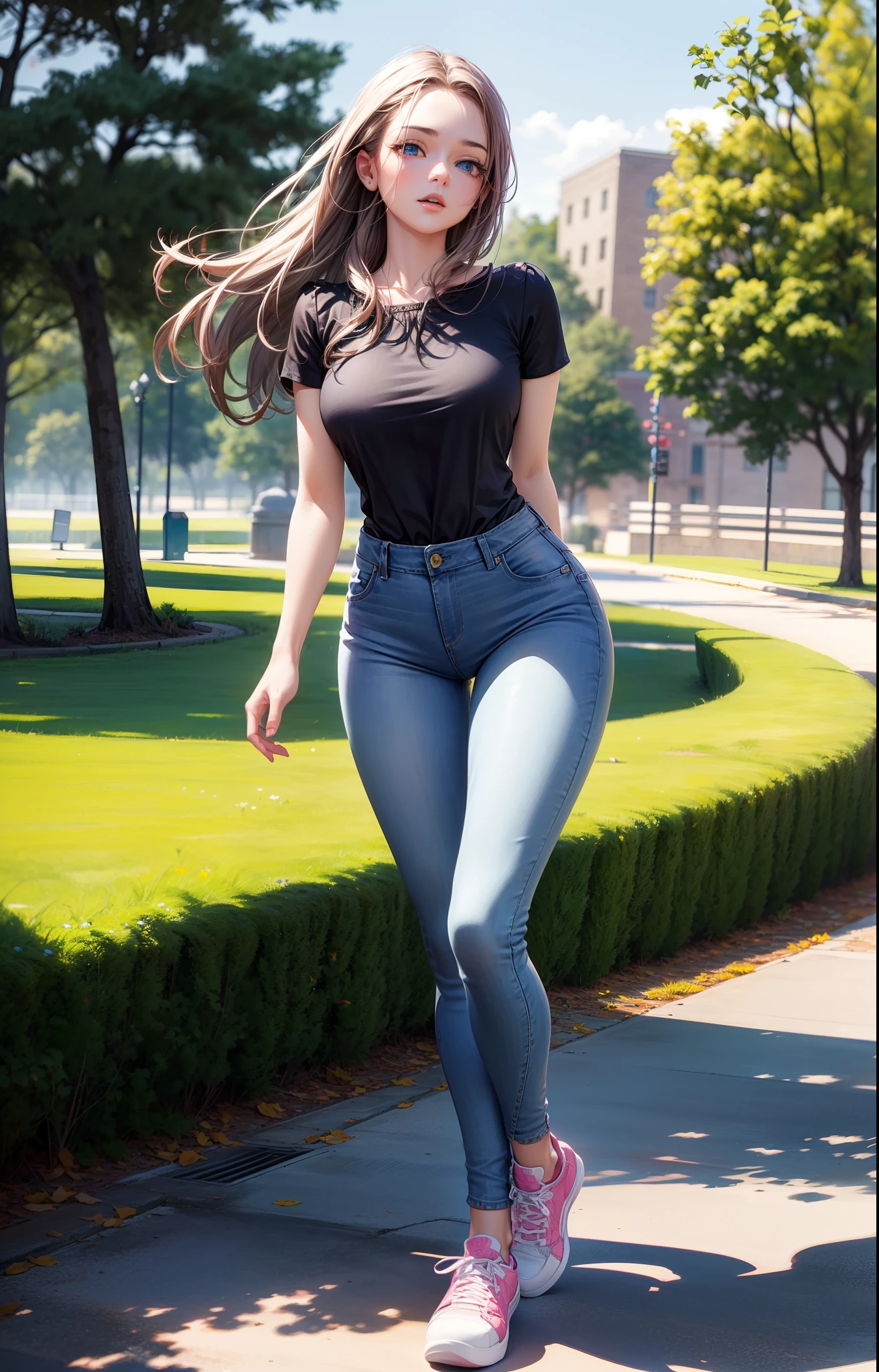 masterpiece, extremery magnificent view, perspective, extremery best quality, extremery detailed CG, 8k wallpaper, high resolution, highly detailed face, highly detailed eyes, perfect anatomy, super detailed skin,
(dynamic angle, dynamic pose:1.2), outdoors, park, tree and pond, (portrait, legs focus, full body), (beautiful face, beautiful eyes, beautiful legs:1.3),
1 girl, solo, (black blouse, pink pattern blouse, skinny jeans:1.3), short sleeves, medium breasts, brown hair, long hair, floating hair, straight hair, open forehead, (grey sneakers:1.3), blue eyes, (blue jeans:1.3), skinny, slender, wide hips, thin waist