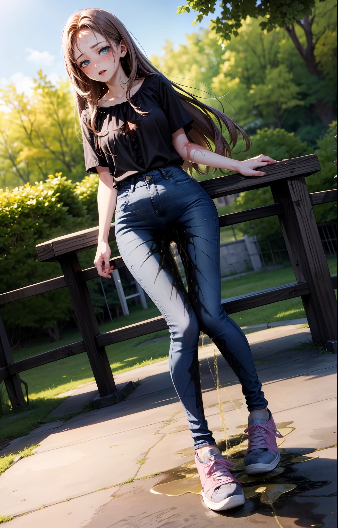 masterpiece, extremery magnificent view, perspective, extremery best quality, extremery detailed CG, 8k wallpaper, high resolution, highly detailed face, highly detailed eyes, perfect anatomy, super detailed skin,
(dynamic angle, dynamic pose:1.2), outdoors, park, tree and pond, (portrait, legs focus, full body), (beautiful face, beautiful eyes, beautiful legs:1.3), ((((((pee stain)))))), blush, worried,
1 girl, solo, (black blouse, pink pattern blouse, skinny jeans:1.3), short sleeves, medium breasts, brown hair, long hair, floating hair, straight hair, open forehead, (grey sneakers:1.3), blue eyes, (blue jeans:1.3), skinny, slender, wide hips, thin waist