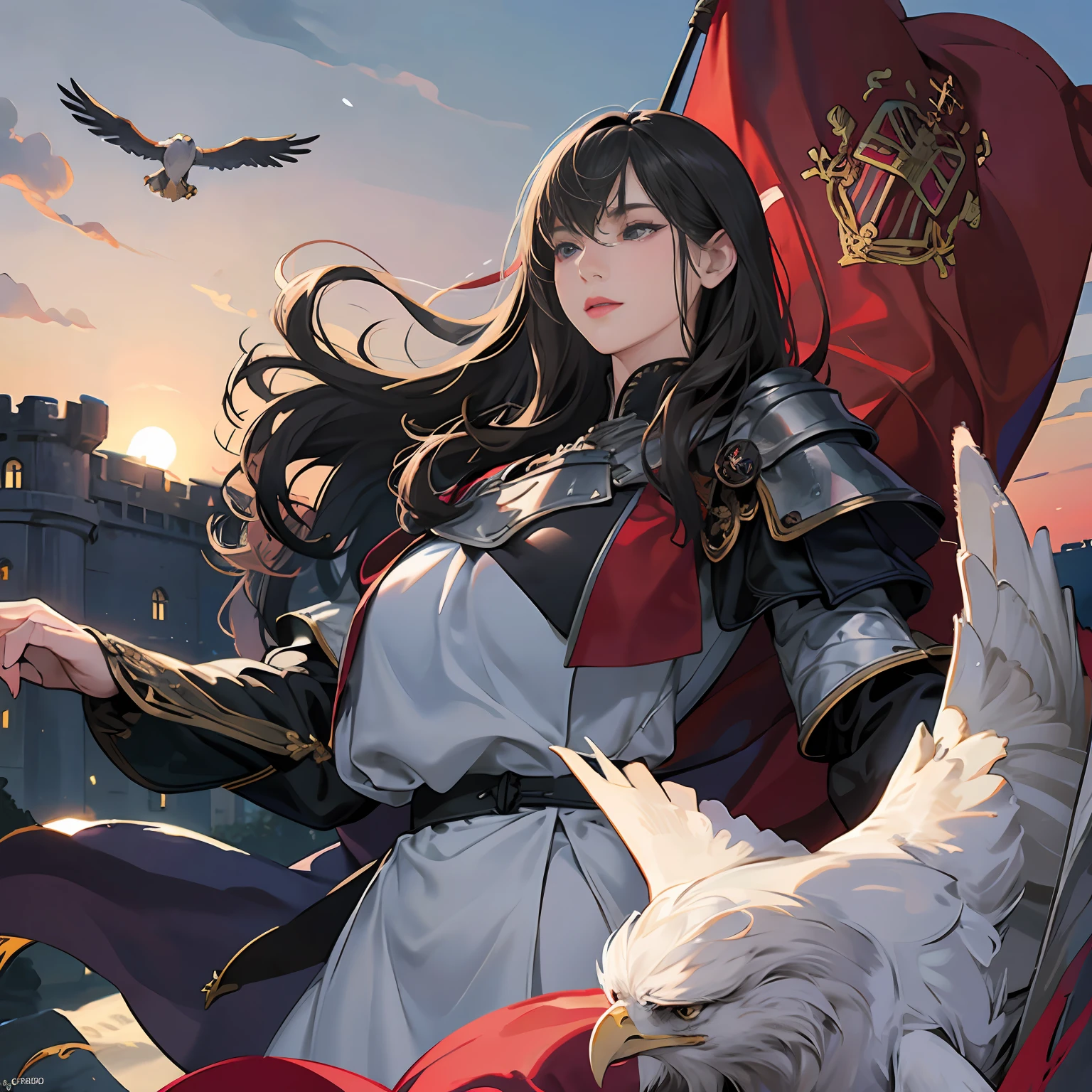 Women in Their 20s, Fantasia、offcial art, unity 8k wall paper, ultra-detailliert, beautifly、Aesthetic, masterpiece, top-quality, Photorealsitic, Castle Guard、Full Armor Knight:2.0、Sword of Steel:2.0、Black-silver armor:2.0、Black-silver breastplate:2.0、Red and black striped fabric,、Knights、Long steel spear:2.0、Eagle crest on the chest、Eagle Heraldic Flag、A dark-haired、Black eyes、Braided hair:2.0、depth of fields, Fantastic atmosphere, Calm palette, tranquil mood, Soft shading、Castle Gate、Rampart、bbw、very large breast、plump figure、A big eagle is clasping its arms