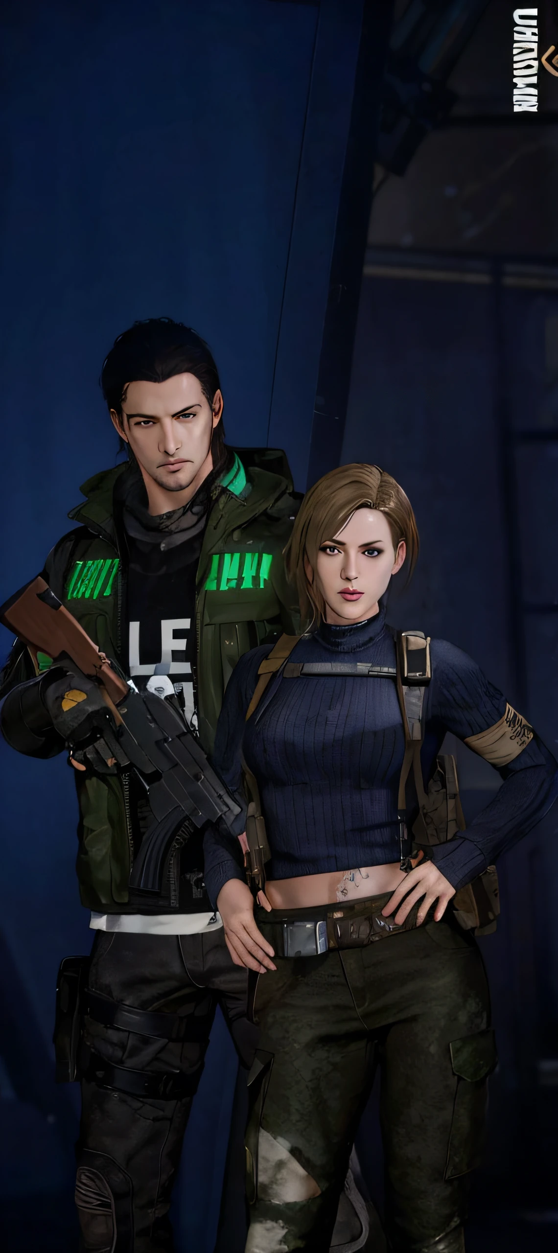 there are two people standing next to each other with guns, medium shot of two characters, realistic artstyle, unreal 5. rpg portrait, character close up, close up character, character art closeup, 8 k character details, resident evil inspired, background of resident evil game, 2020 video game screenshot, glamorous jill valentine, character close-up, best quality