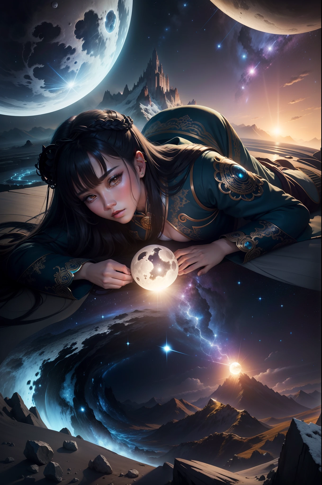 starrysky,kosmos,rays of moonlight,Moon,Skysky,highlight,bright,opulent,baiyun,yin yang,starlights,meteors,China-style,High hills,Mountain and river art,Unified 8k resolution wallpaper,high qulity,Photorealistic,High detail,Fantastic fantasy scene,The details are extremely detailed,scenecy,Magic,heal