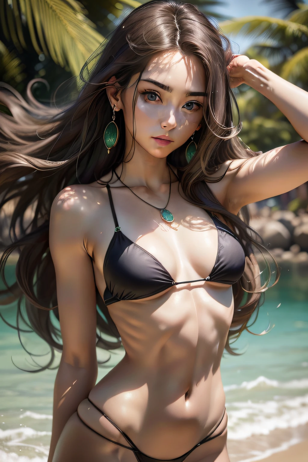 （Masterpiece, Realistic:1.8), (photorealistic portrait:1.4), (Very delicate),  (Ultra photo realsisim:1.8), Absurd，high-resolution details，looking at the camera in, On your stomach，Head up，photographed,  (Huge breast:0.5), ((Slim, Skinny:1.3)), Oval jaw, Sensitive features, exquisite face, Bright green eyes, Dark_Hair, Long hair flutters in the wind., swim wears, Firm body, Tight abs, diamond_Chain earrings，necklace, No shirt on，Smooth lower body