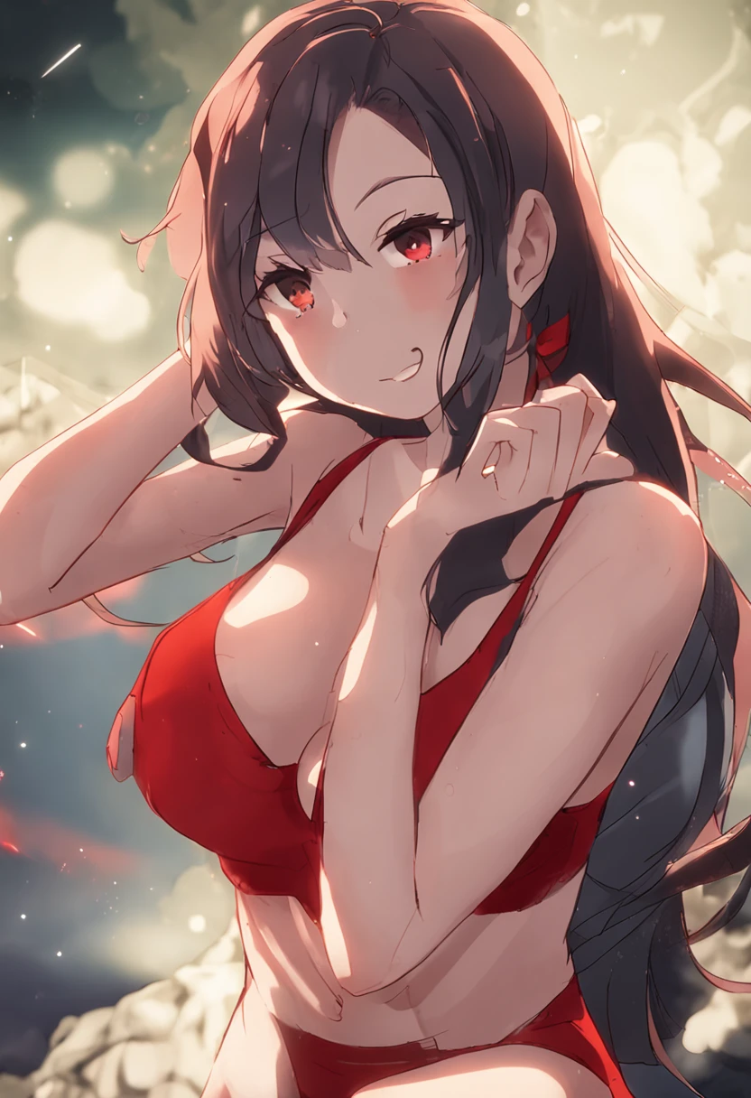 Takagi1, 1girl, solo, red bikini, blush, sassy smile, best quality, masterpiece, nipples