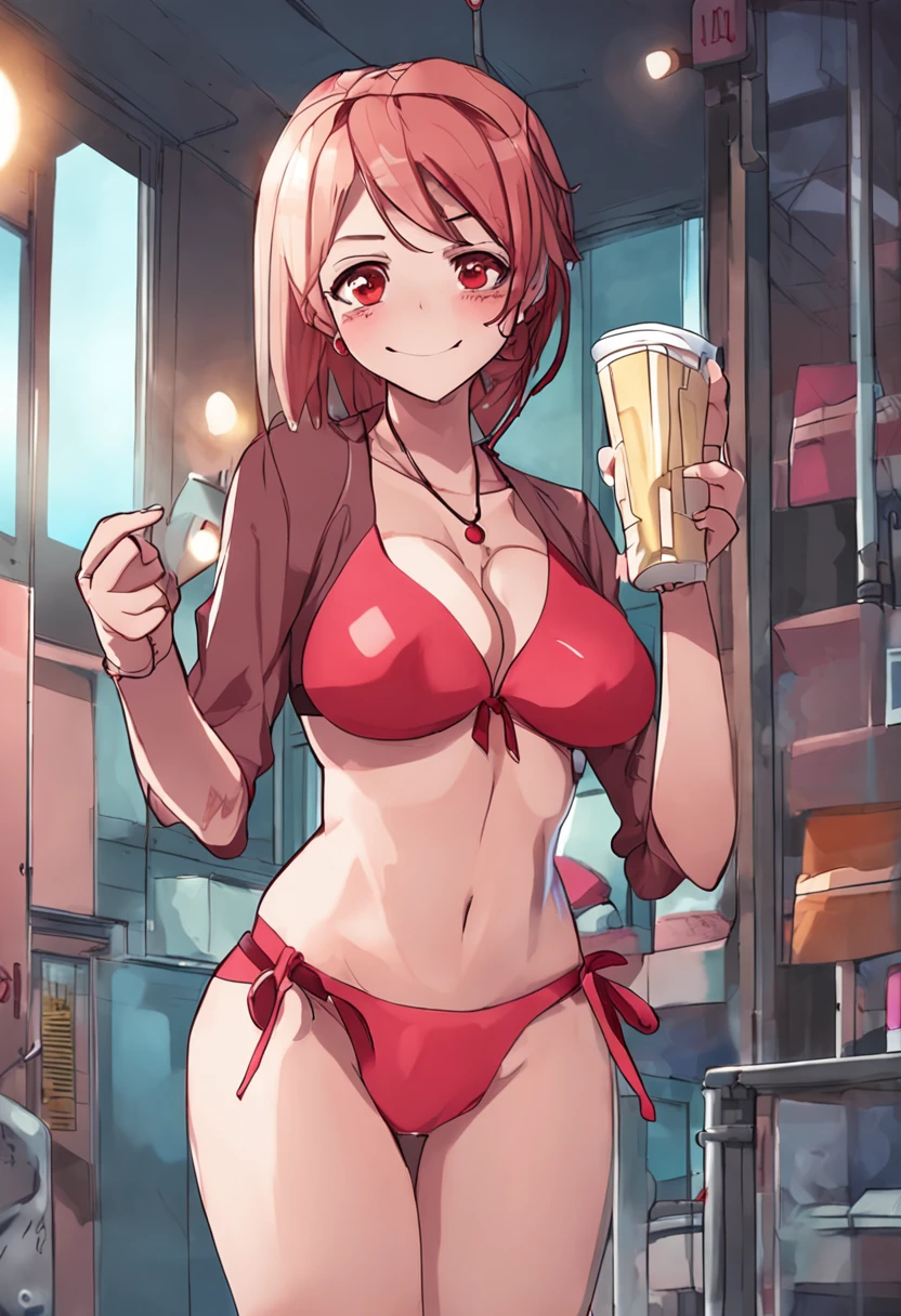 Takagi1, 1girl, solo, red bikini, blush, sassy smile, best quality, masterpiece, nipples