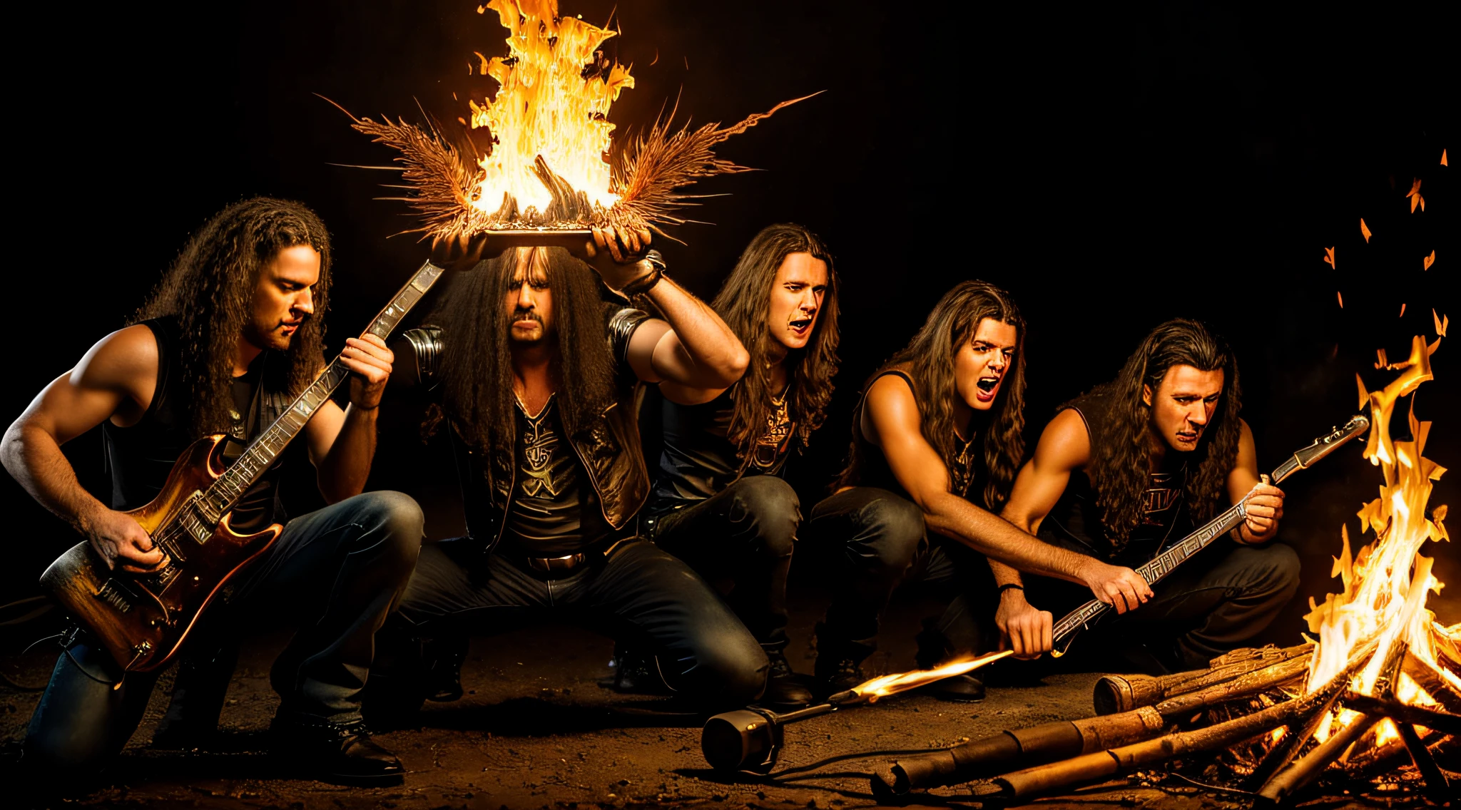 best quality, ultra high resolution, (photorealistic: 1.4),,photo of a group of people holding a fire, megadeth, maiden, heavy rock band promotional photo, holding fire and electricity, heavy metal 1981, thrash metal, iron maiden, 1 9 8 0's heavy metal album art, spelljammer, fireerstorm, flame conjuring, promotional photo, promotional shot, casting fire spell