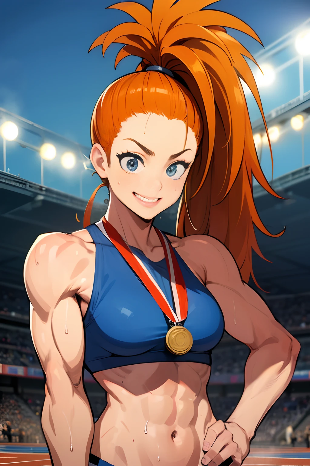 (track and field, stadium:1.2), (rim lighting), (detailed face:1.1), 1girl, solo, smile, captain mizuki, one-punch man, highres, muscular female, breasts, orange hair, sports bra, upper body, high ponytail, long hair, medal, sweat, steam, steaming body, murata yuusuke