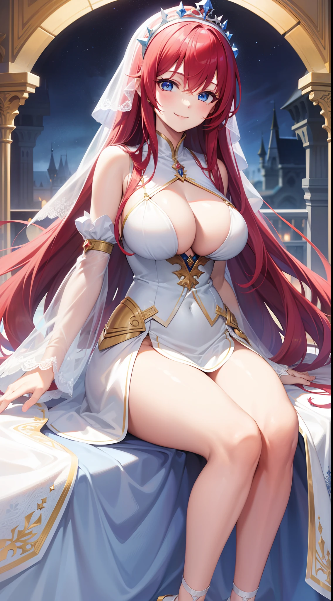 young girl, Long red hair, blue eyes, Huge-breasts, White princess dress, open breasts, Smile, Masterpiece, hiquality