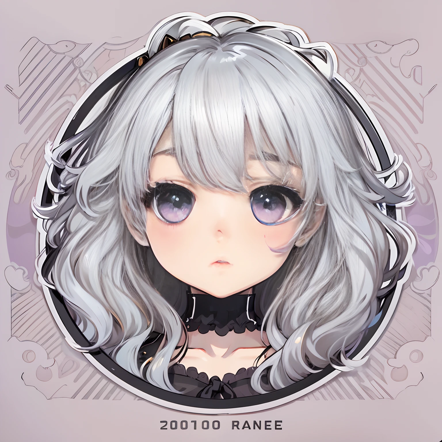 Sticker, Cute anime girl head, long layered silvery white hair,Light purple eyes，pouty，Black dress，Black princess dress，in circle, White background, Gold border，Simple, Ultra detailed, Detailed drawing, vectorised, Silhouette, 8K, professional sticker design, Flat design, Vector lines, Sticker, Drawing, Drawing, Full-HD