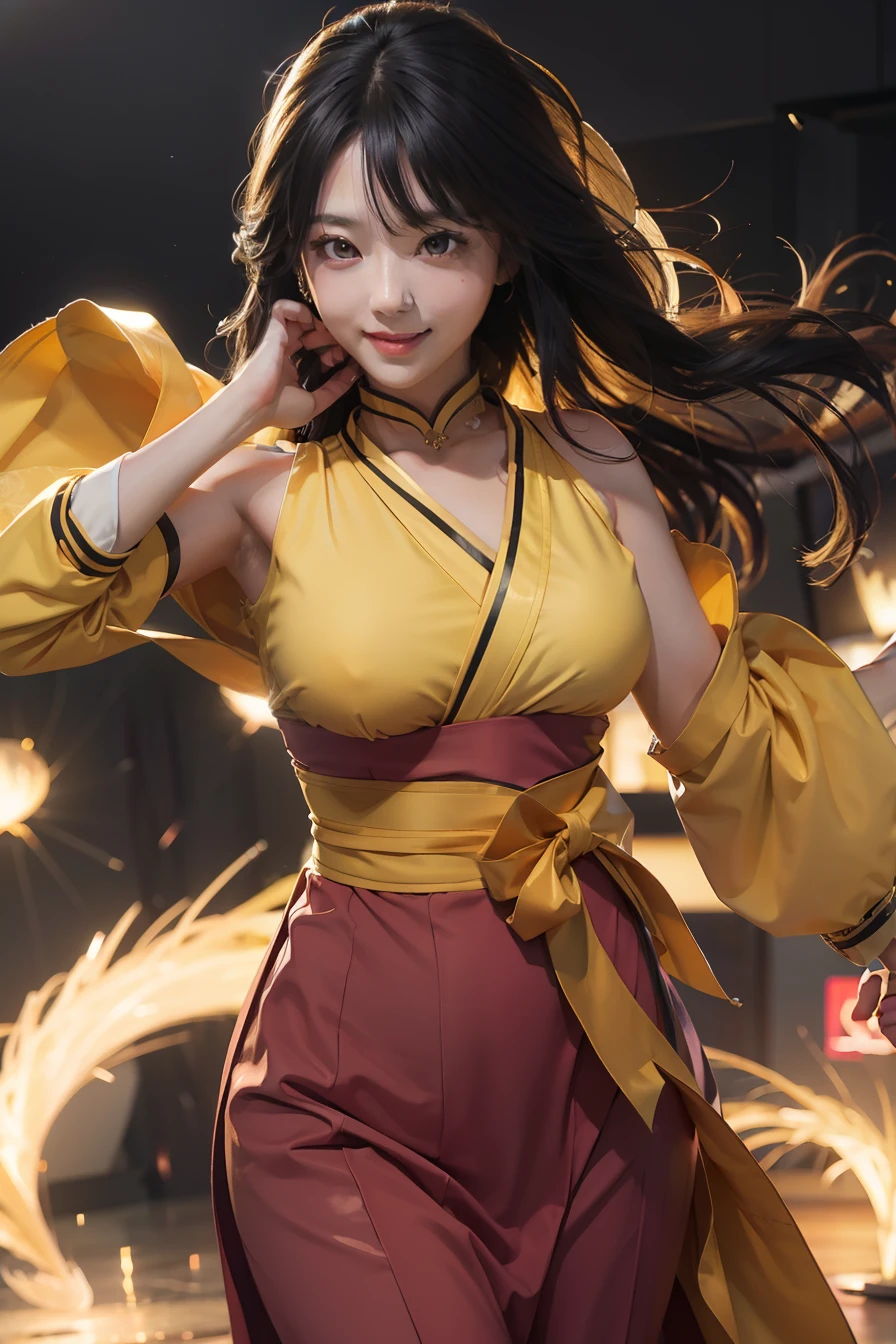 1girl, hyuga hanabi, long hair, sexy dress, black hair, white eyes, smile, beautiful, yellow clothes, very big breast, sexy clothes, indoor wallpaper, wallpaper realistic, wallpaper detail, indoor background, ultra detail, realistic