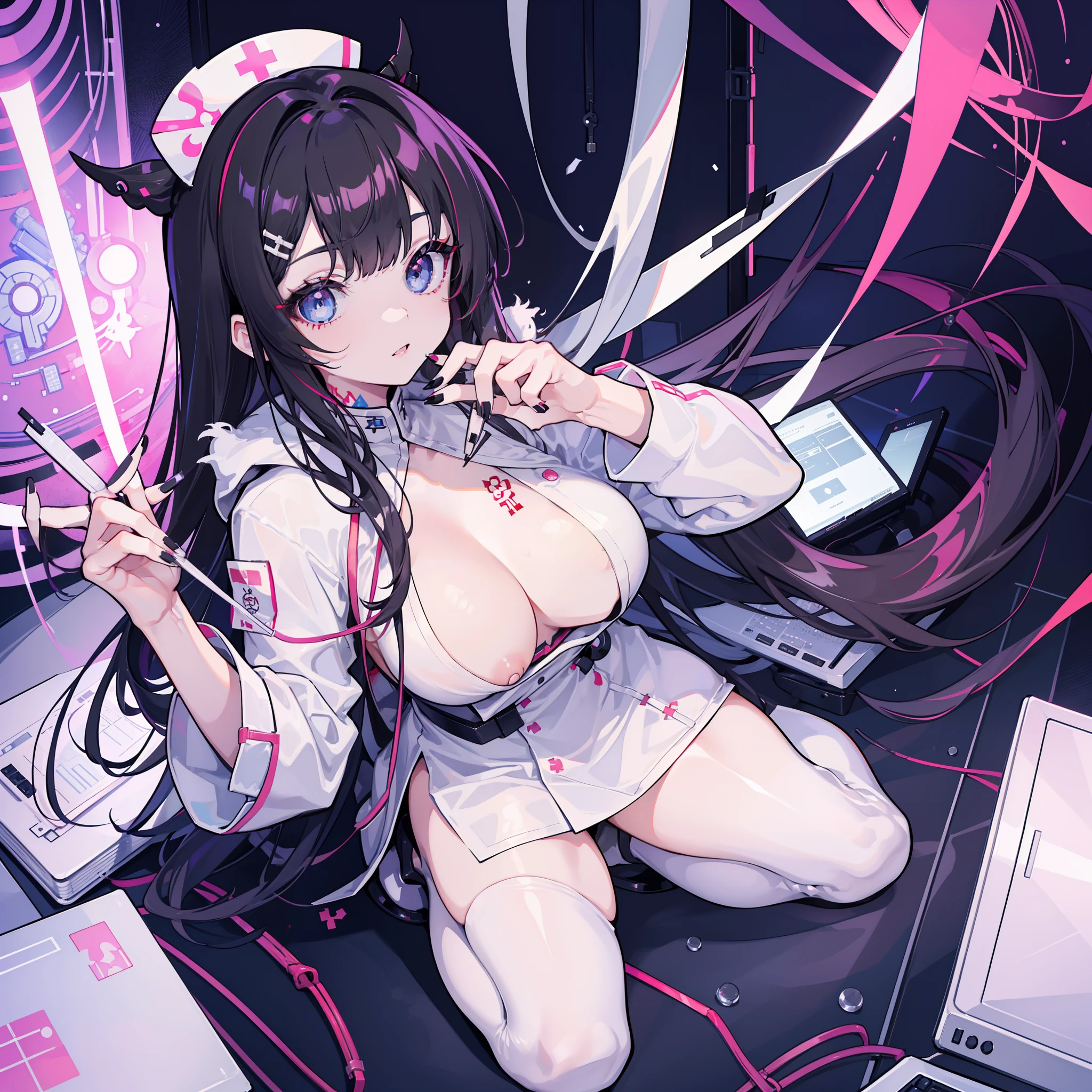 1girl, 独奏, nurse, surgical suit, White Nurse's Coat, Long hair, white strand, black hair, black nails, Jewelry, 耳Nipple Ring, blue eyes, nail polish, Bangs, highheels, tattoo, thights, hair ornament, red-lips, Average Breasts,, On the computer desk