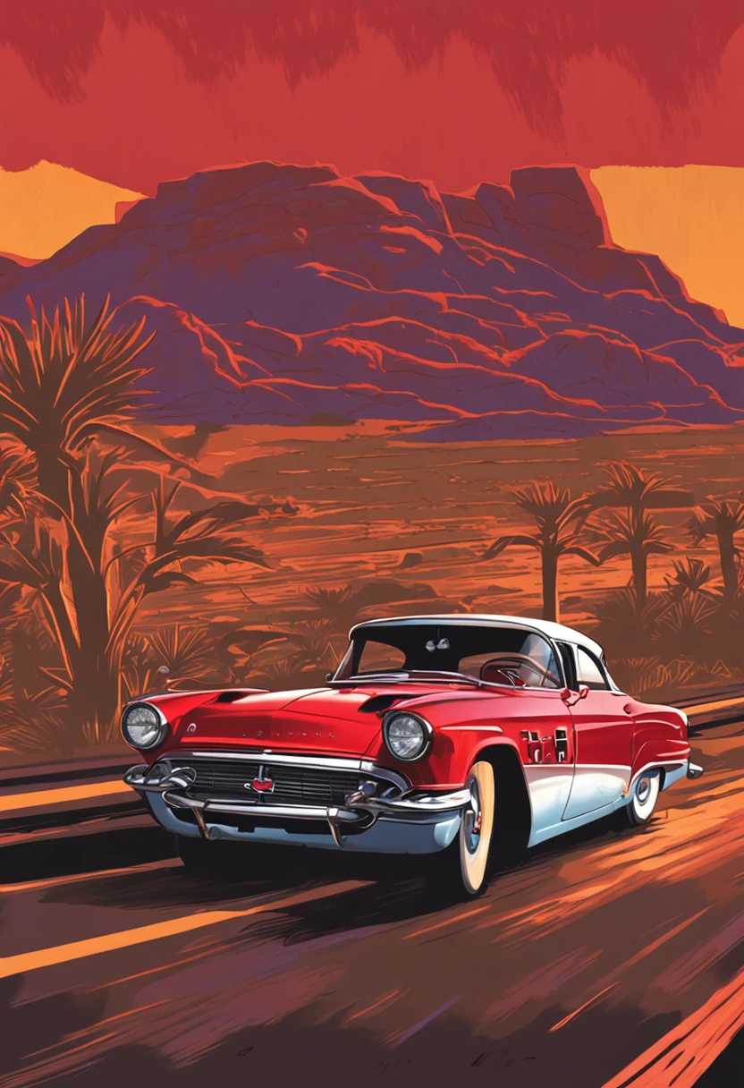 painting of a red car with flames on the front driving down a road, by Rob Alexander, full color digital illustration, classic car, by Craig Thompson, stylized digital illustration, by Randy Gallegos, inspired by the Brothers Hildebrandt, style of tim hildebrandt, by Brian Thomas, digital illustration -, inspired by Brothers Hildebrandt, in style of digital illustration