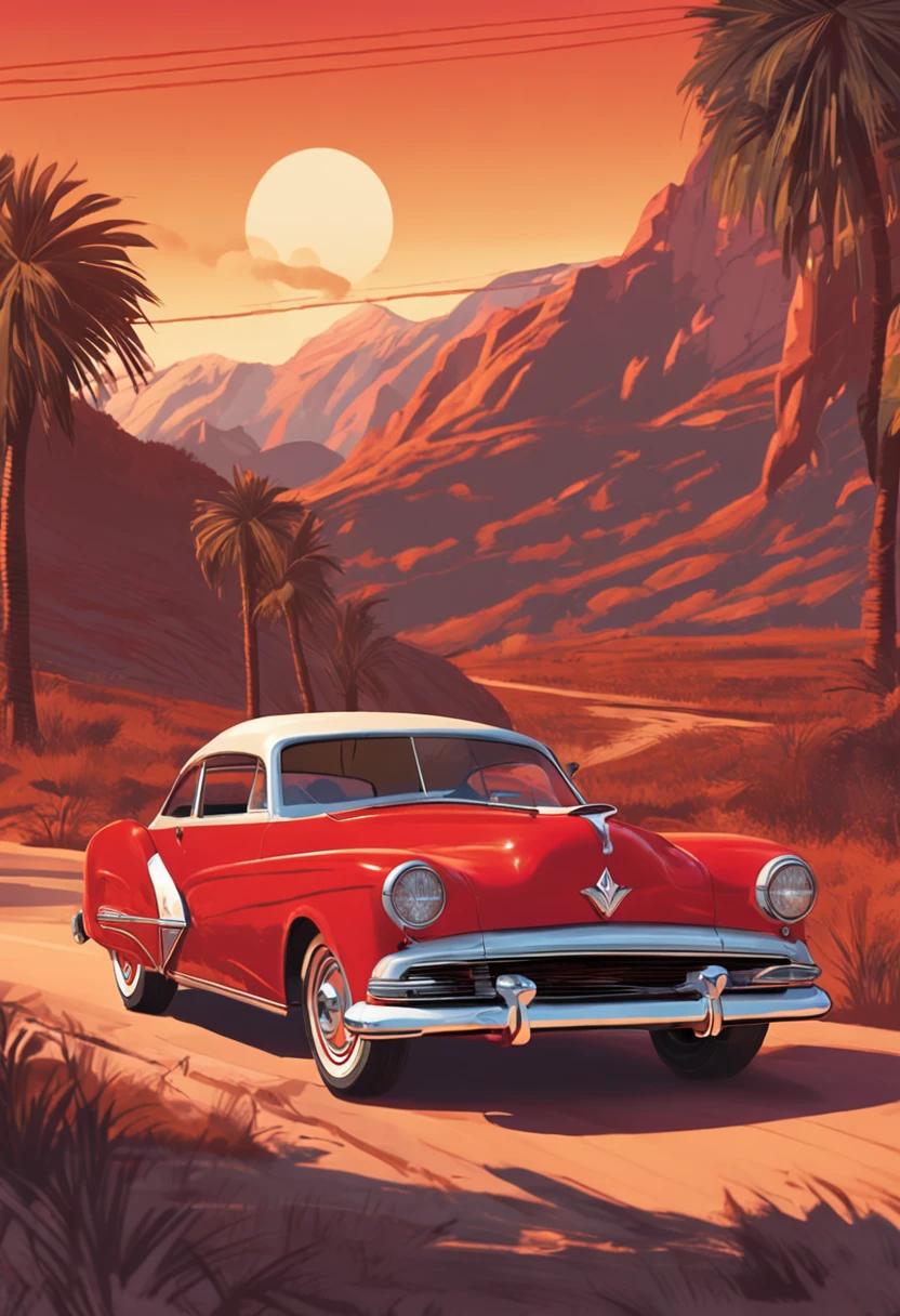painting of a red car with flames on the front driving down a road, by Rob Alexander, full color digital illustration, classic car, by Craig Thompson, stylized digital illustration, by Randy Gallegos, inspired by the Brothers Hildebrandt, style of tim hildebrandt, by Brian Thomas, digital illustration -, inspired by Brothers Hildebrandt, in style of digital illustration