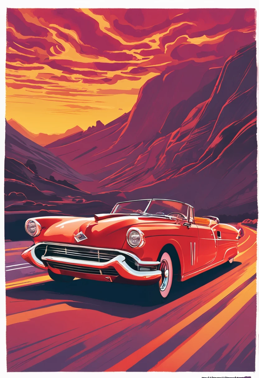 painting of a red car with flames on the front driving down a road, by Rob Alexander, full color digital illustration, classic car, by Craig Thompson, stylized digital illustration, by Randy Gallegos, inspired by the Brothers Hildebrandt, style of tim hildebrandt, by Brian Thomas, digital illustration -, inspired by Brothers Hildebrandt, in style of digital illustration