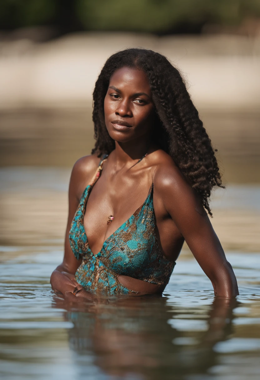 RAW, Corpo inteiro, Meio corpo de uma linda mulher de 25 anos gestante barriga em evidencia, (africana, pele negra), cabelos longos, rabo de cavalo, seios duros, (poros), (rosto sujo), Bathing in a clear river, rio grande, ((vestido longo moda gestante)) (noite), ((anoitecer)) , (luz de fundo), (contra luz), (sol ao fundo), realista, obra-prima, alta qualidade, reflexo de lente, sombra, flor, (pele com poros realistas), escuro, (noite) , fosco, cores cruas, real,nikon d850 stock film photography 4 kodak portra 400 camera f1.6 colors rich in hyper realistic lenses realistic texture dramatic lighting unrealengine trending on artstation cinestill 800 (epiCRealism), ((perfeita))