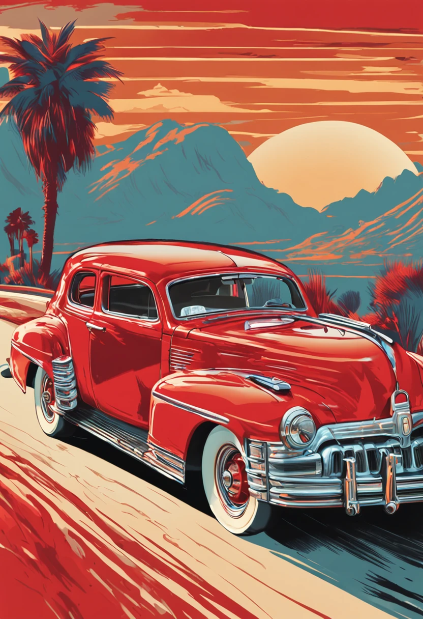 painting of a red car with flames on the front driving down a road, an airbrush painting by Rob Alexander, shutterstock, retrofuturism, full color digital illustration, classic car, stylized digital illustration, style of tim hildebrandt, digital illustration -, in style of digital illustration, ( art fitzpatrick ), full color illustration, classic cars, hd illustration, artwork