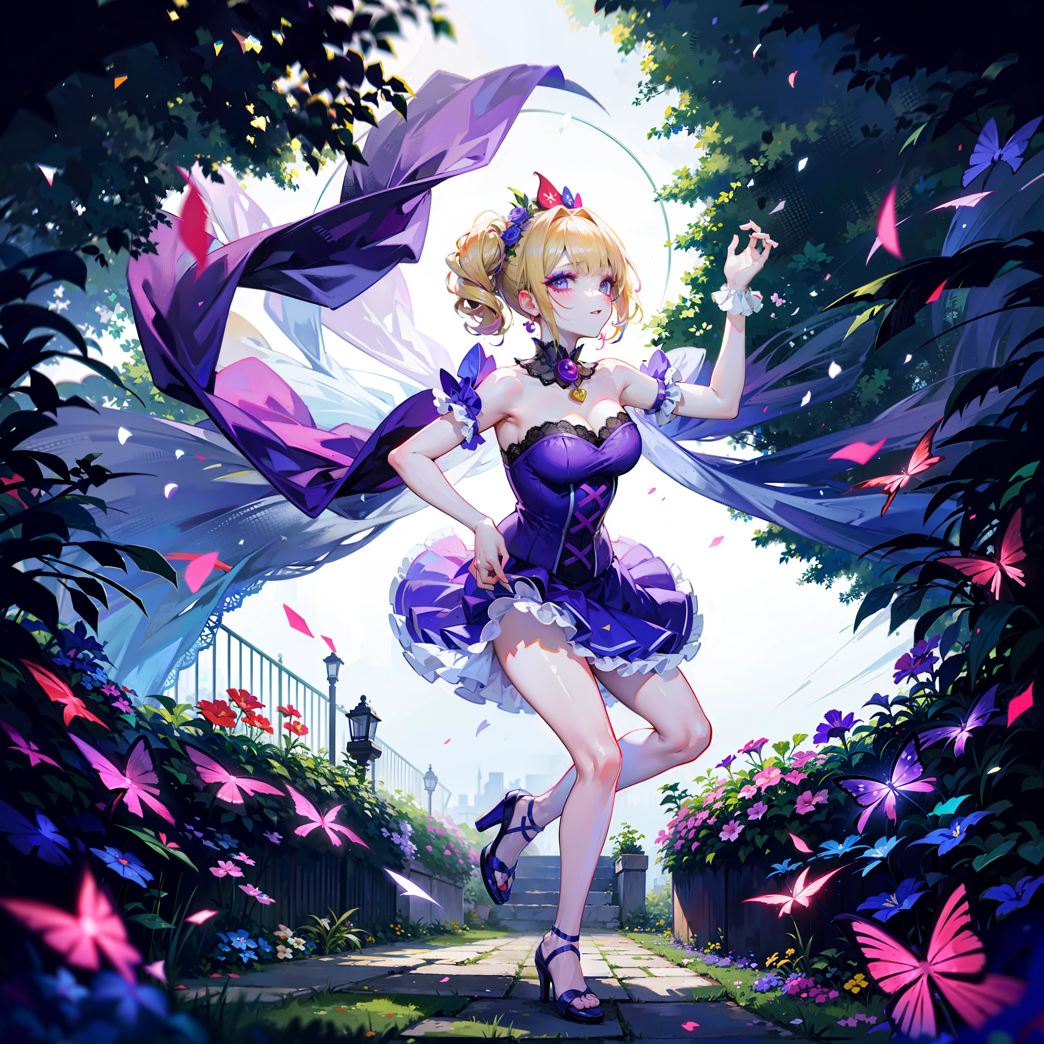 dancing clown girl in garden, ((clown makeup)), violet dress, blond hair