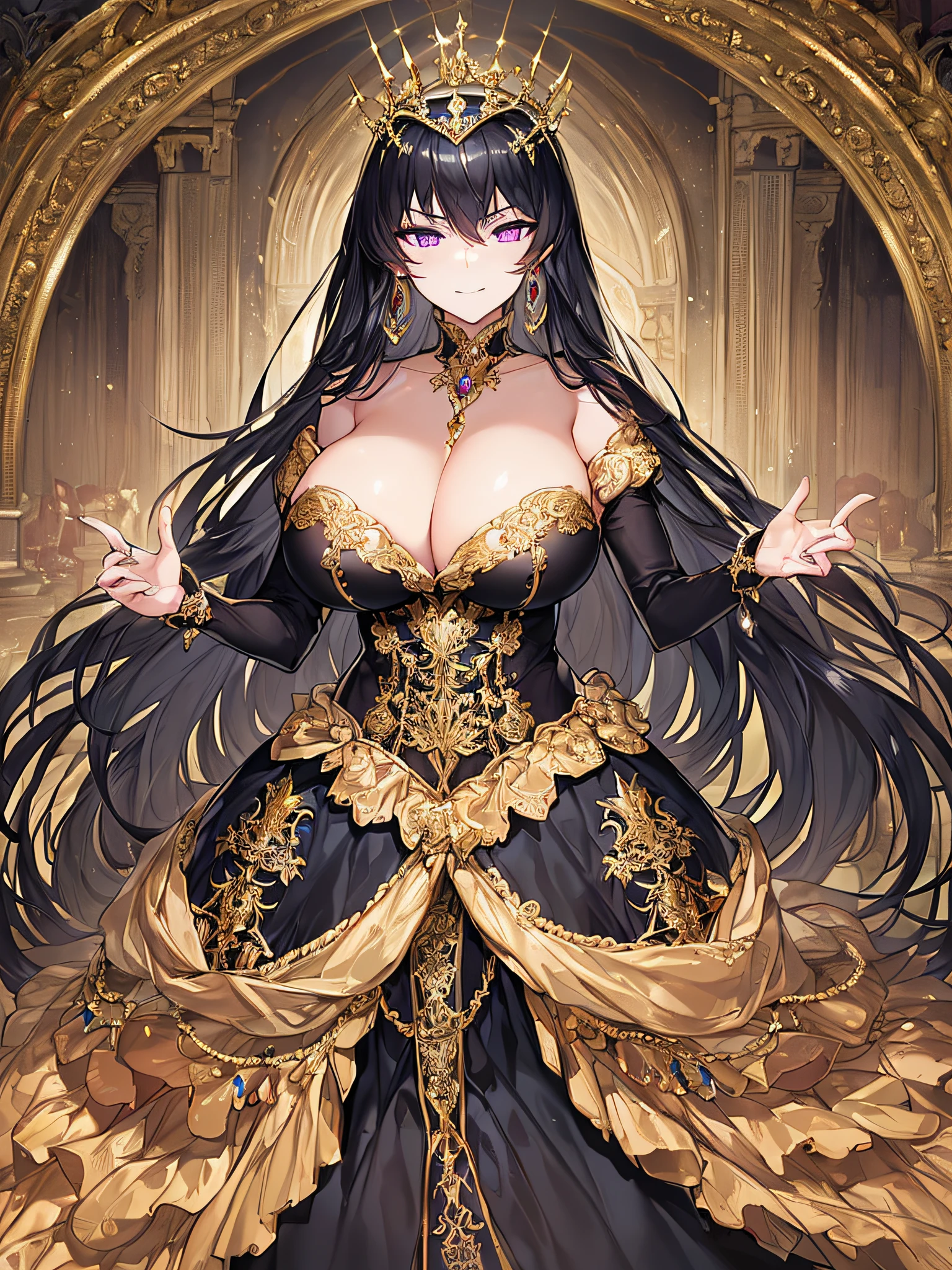 ((anime artstyle)),(Masterpiece),(Best Quality), (Super Detail),((Very Delicate and Beautiful)),(((Solo))),((full body portrait)),((1 arrogant queen in beautiful embroidery black and gold gorgeous rococo princess ballgown with Fluffy full length hoop skirt)),gold trim,((crinoline)),gorgeousfull embroidery,Long train((arrogant,haughty)),(((arrogant smile))),Sharp eyes,(standing in the royal palace,holding a luxurious scepter),sunlight,((gorgeous gemstone jewelry)),detailed face and eyes,jewel-like eyes,Purple eyes,(Bangs between eyes),((large amount of straight hair,extremely Long voluminous black Hair)),((gigantic tits,Long tits)),gorgeousfull embroidery,cleavage,extremely gorgeousfull hair ornament,(bling-bling extremely gorgeousfull jeweled tiara),gorgeous corsage,(Dynamic Angle),Looking at viewer,(full body)),((beautiful  embroidery black and gold gorgeous rococo princess ballgown with Fluffy full length hoop skirt))