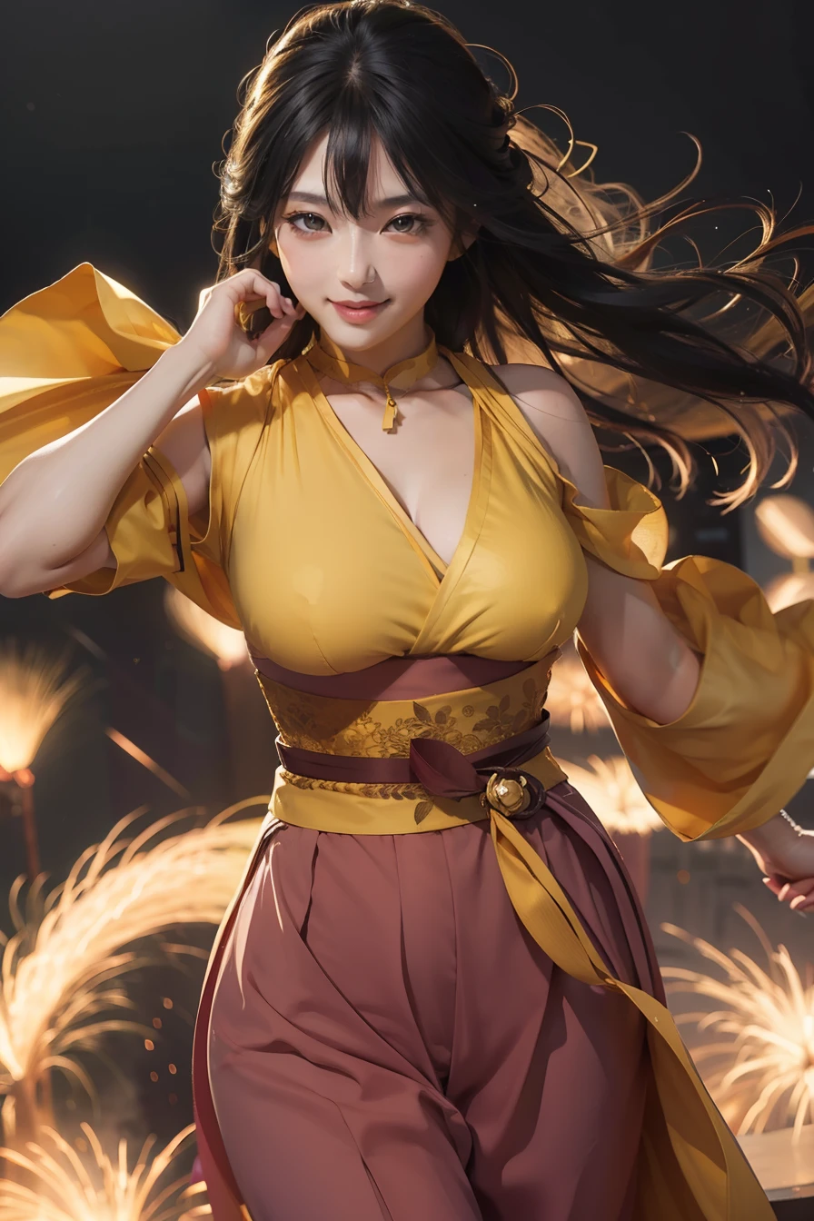 1girl, hyuga hanabi, long hair, sexy dress, black hair, white eyes, smile, beautiful, yellow clothes, very big breast, sexy clothes, indoor wallpaper, wallpaper realistic, wallpaper detail, indoor background, ultra detail, realistic