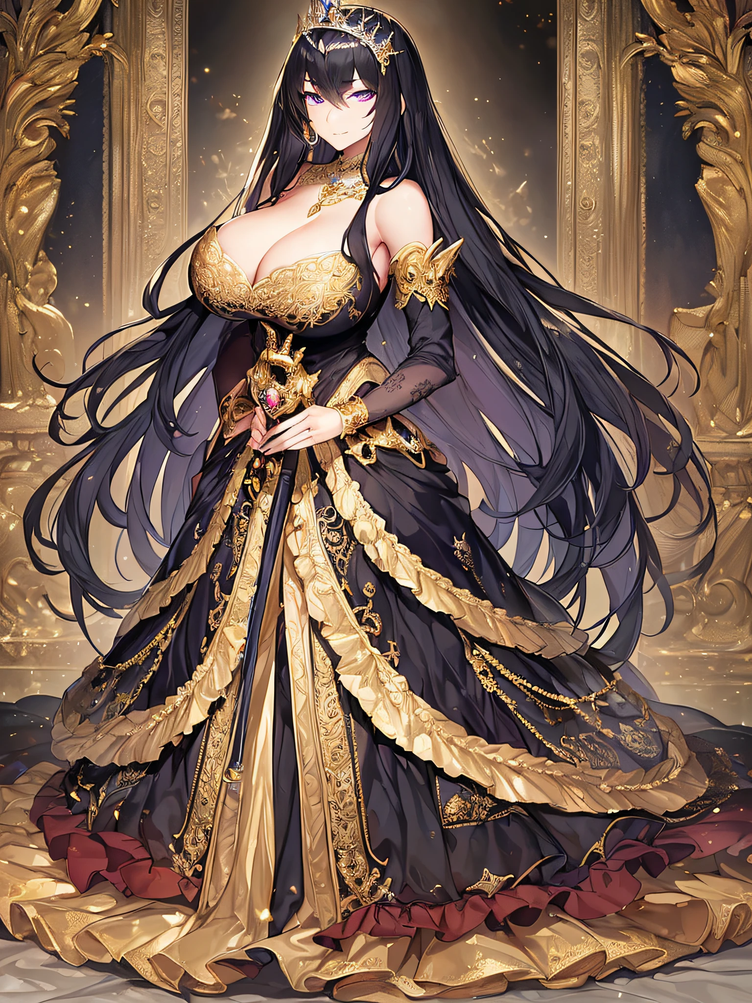 ((anime artstyle)),(Masterpiece),(Best Quality), (Super Detail),((Very Delicate and Beautiful)),(((Solo))),((full body portrait)),((1 arrogant queen in beautiful embroidery black and gold gorgeous rococo princess ballgown with Fluffy full length hoop skirt)),gold trim,((crinoline)),gorgeousfull embroidery,Long train((arrogant,haughty)),(((arrogant smile))),Sharp eyes,(standing in the royal palace,holding a luxurious scepter),sunlight,((gorgeous gemstone jewelry)),detailed face and eyes,jewel-like eyes,Purple eyes,(Bangs between eyes),((large amount of straight hair,extremely Long voluminous black Hair)),((gigantic tits,Long tits)),gorgeousfull embroidery,cleavage,extremely gorgeousfull hair ornament,(bling-bling extremely gorgeousfull jeweled tiara),gorgeous corsage,(Dynamic Angle),Looking at viewer,(full body)),((beautiful embroidery black and gold gorgeous rococo princess ballgown with Fluffy full length hoop skirt))