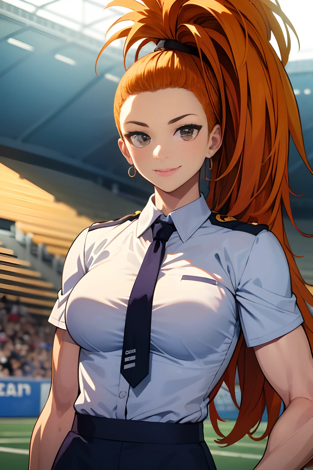 (track and field, stadium:1.2), (rim lighting), (detailed face:1.1), 1girl, solo, smile, captain mizuki, one-punch man, highres, muscular female, breasts, orange hair, upper body, high ponytail, long hair, suit, formal, tie, black suit, white shirt, collared shirt,