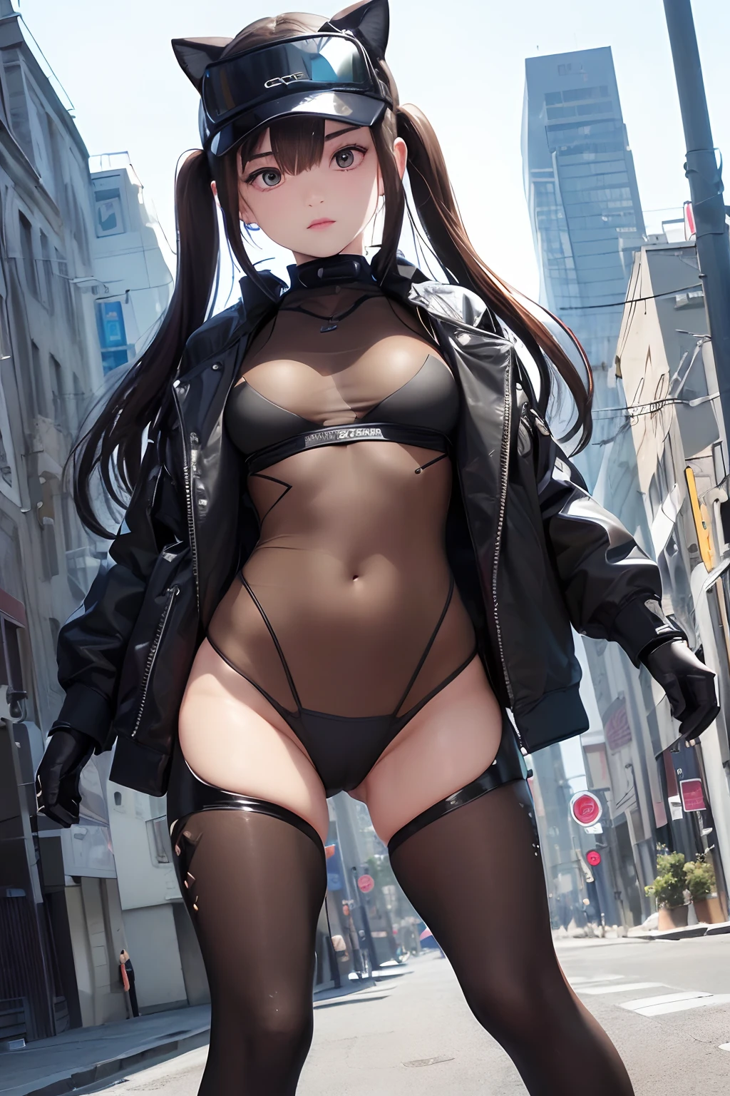 ((Best Quality, 8K, Masterpiece: 1.3)), 1 girl , ("future , techwear, jacket":1.3 ),("micro bikini , transparent pussy":1.2), (glove:1.2),("techwear, leggings, thigh highs:1.2)large breasts , thigh , (dynamic pose:1.1), wind ,future of the city