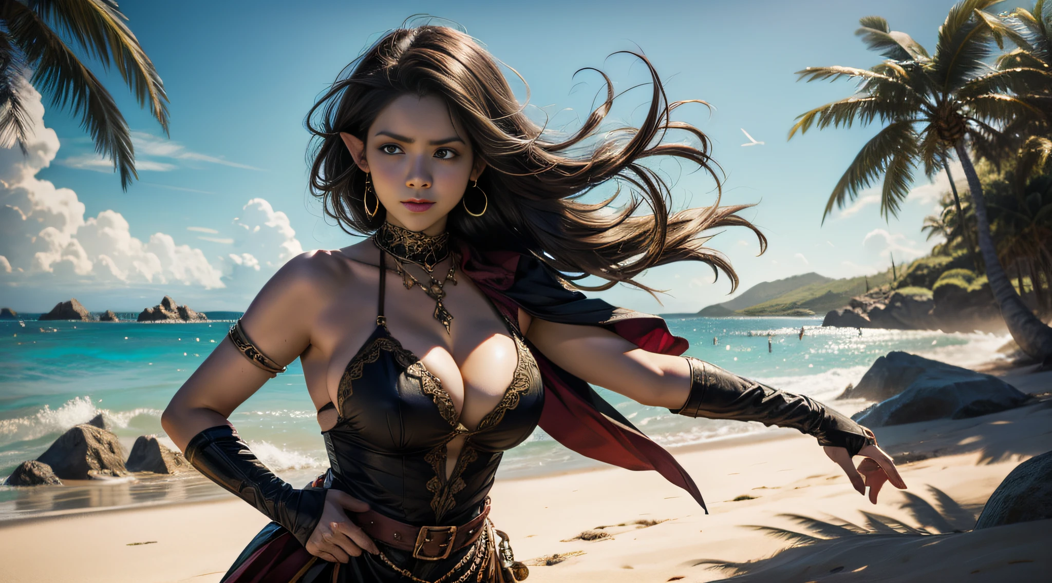 Female elf,Large breasts,upperbody shots,dramatics,dynamicposes,比基尼,The background is sandy beach,magia,Rembrandt light