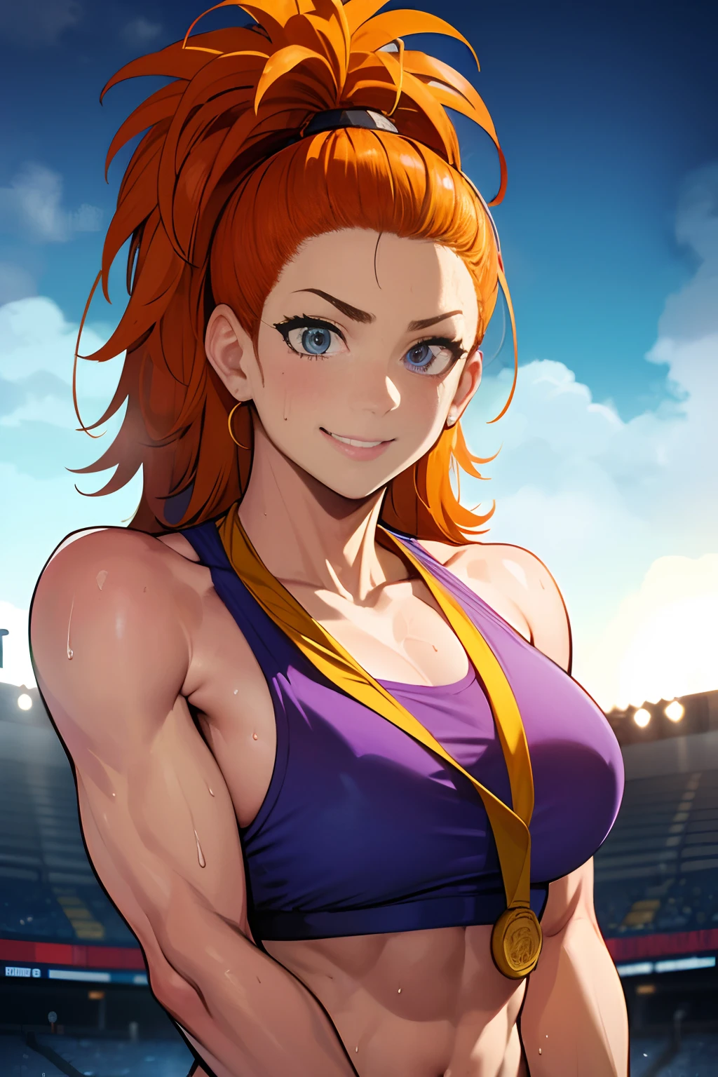 (track and field, stadium:1.2), (rim lighting), (detailed face:1.1), 1girl, solo, smile, captain mizuki, one-punch man, highres, muscular female, breasts, orange hair, sports bra, upper body, high ponytail, long hair, medal, sweat, steam, steaming body, murata yuusuke