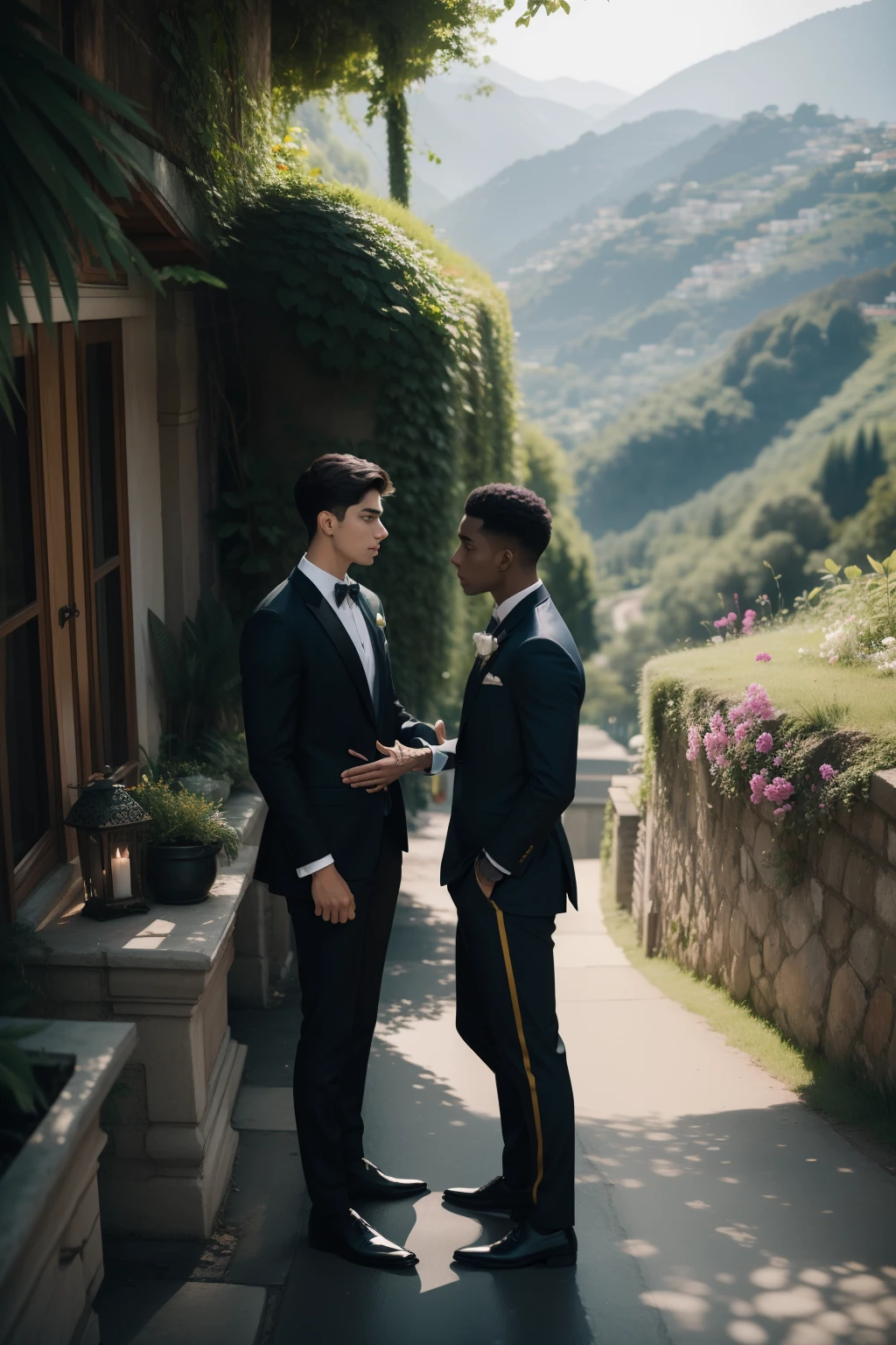 "Two young men, dressed in exquisite attire of contrasting colors, engage in conversation on a serene hillside adorned with lush greenery and both are on street and both are handsoome."