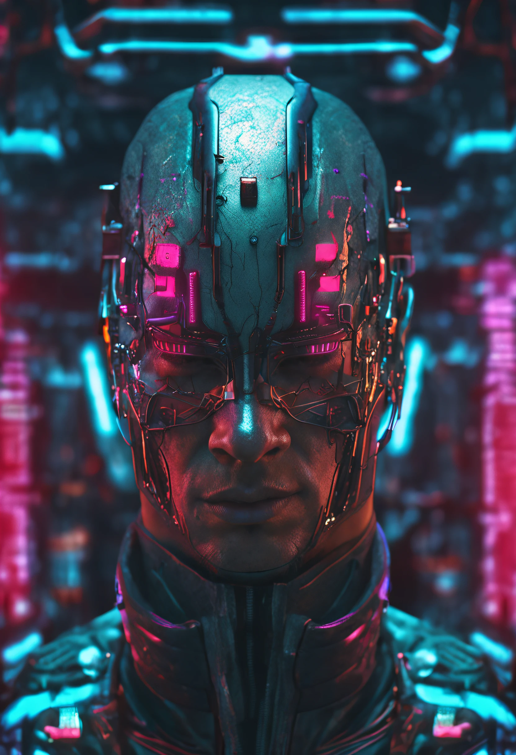 A closeup of a man with a futuristic head and a bright face, arte cyberpunk ultrarrealista 8k, estilo cyberpunk hiper-realista, estilo cyberpunk ， hiper-realista, portrait of a cyberpunk machine, personagem cyberpunk, Velho cyberpunk, cara cyberpunk, estilo cyberpunk silenciado, estilo cyberpunk horror, arte digital cyberpunk, Retrato de um ciborgue cyberpunk, estilo de arte cyberpunk