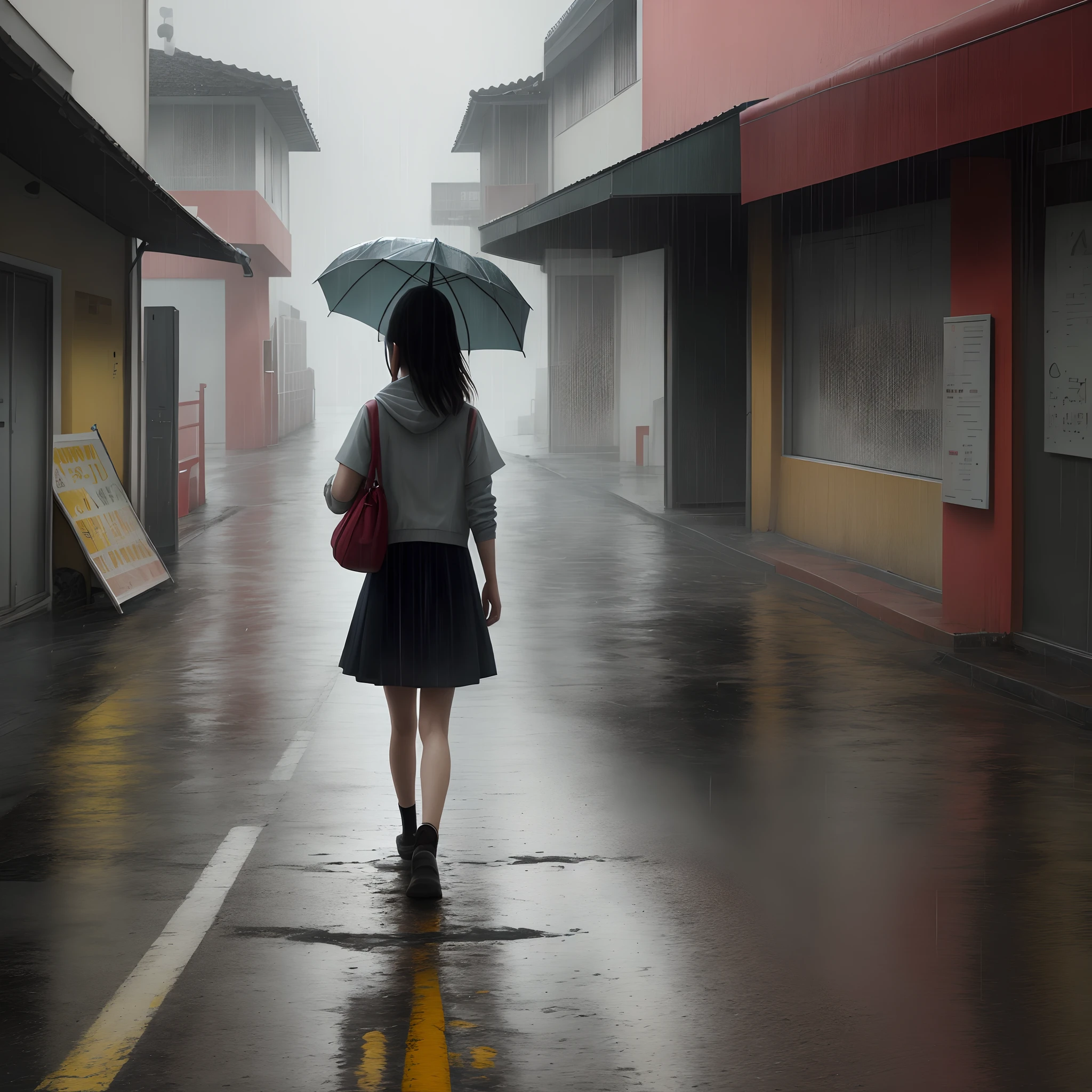 raining day，A girl walks on the road