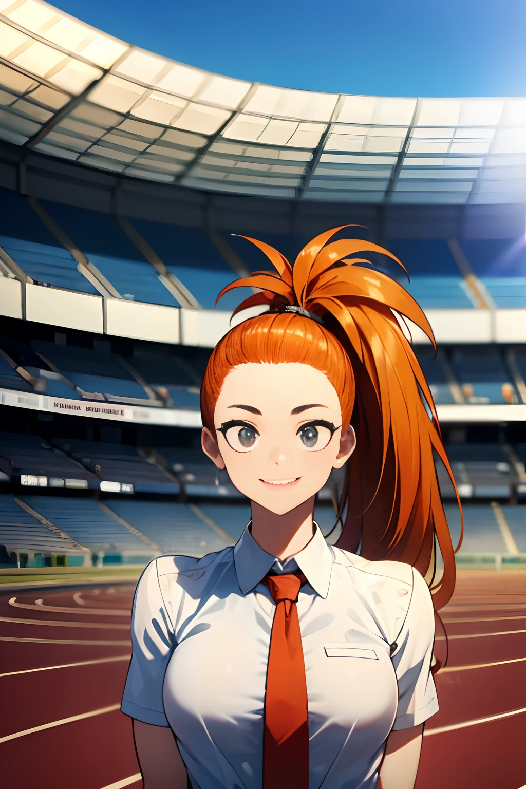 (track and field, stadium:1.2), (rim lighting), (detailed face:1.1), 1girl, solo, smile, captain mizuki, one-punch man, highres, muscular female, breasts, orange hair, upper body, high ponytail, long hair, suit, formal, tie, black suit, white shirt, collared shirt,