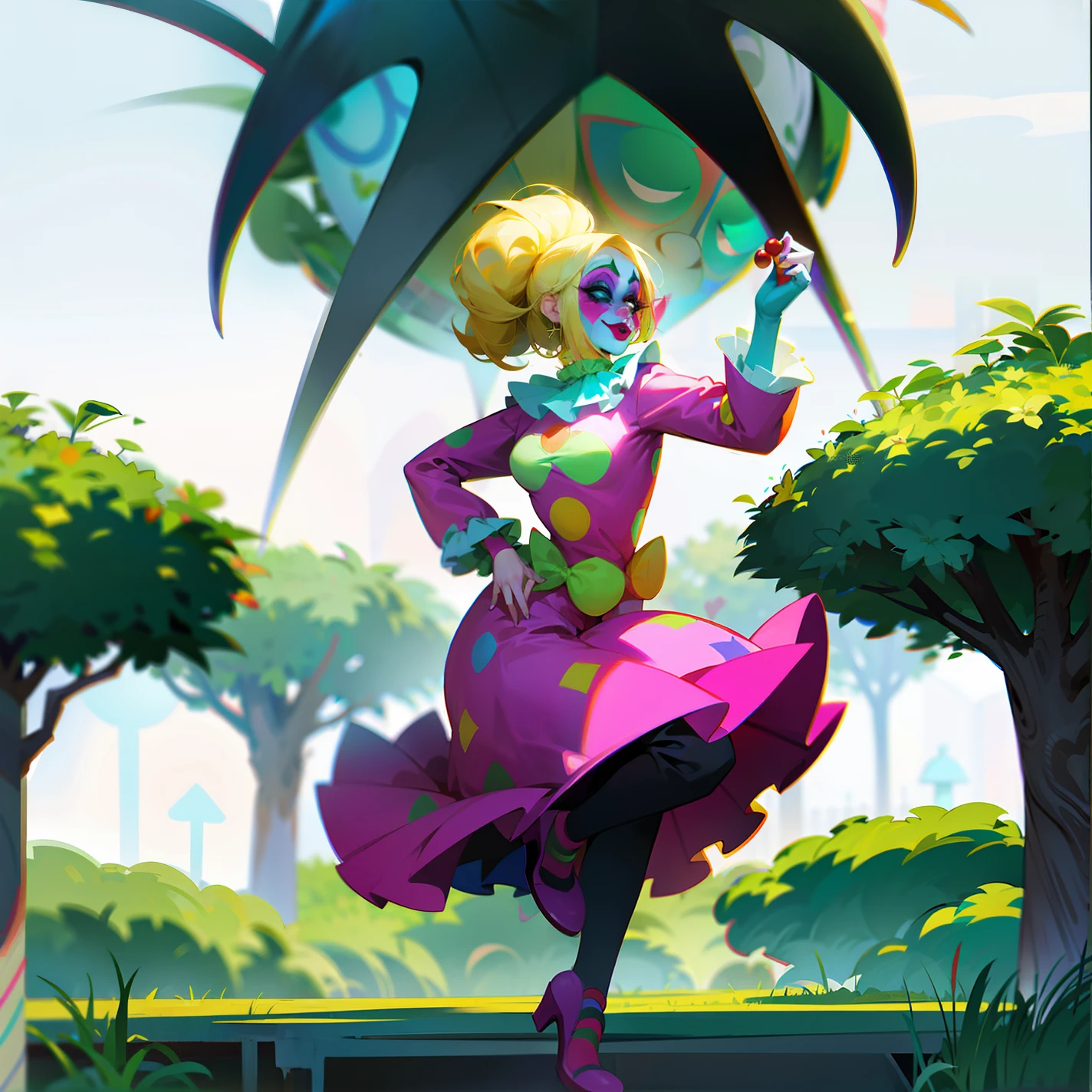 dancing clown girl in garden, ((clown makeup)), blond hair