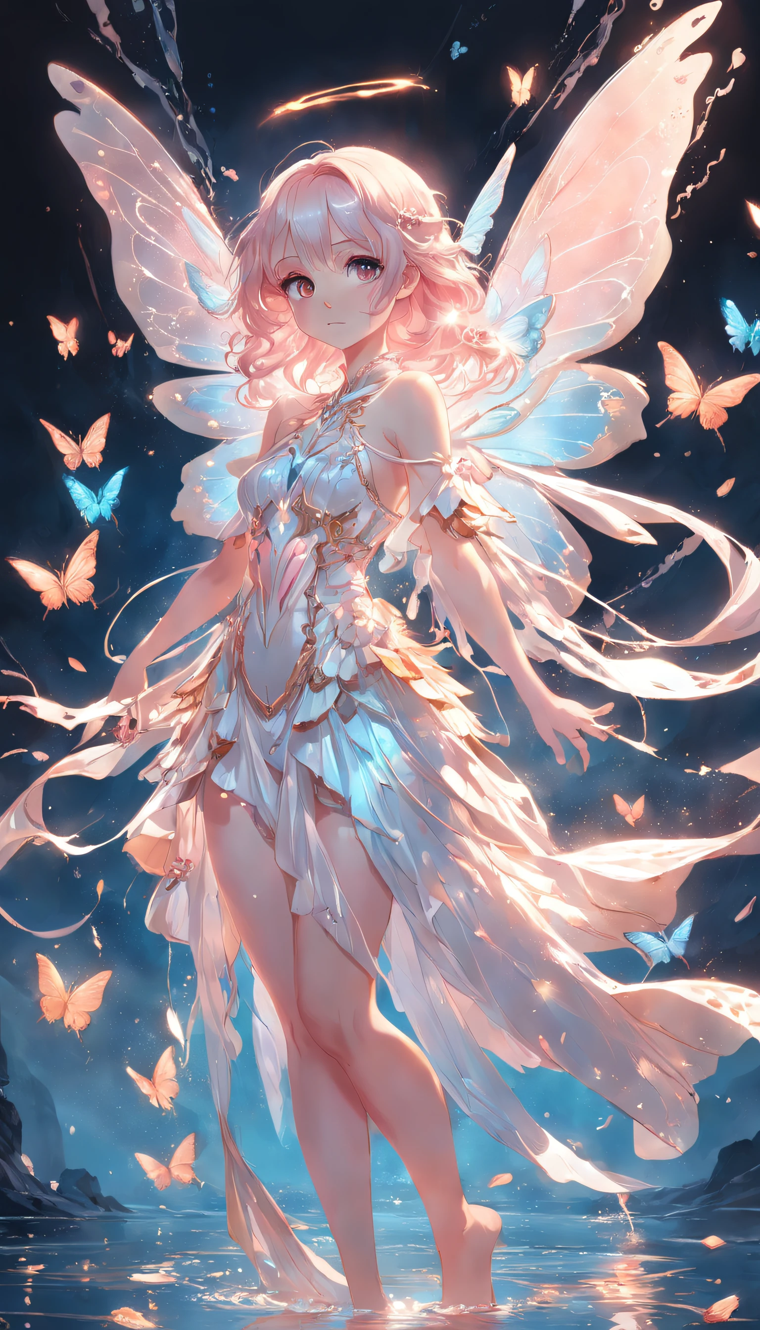 Holy Light Butterfly Angel Girl，Butterfly wings，Chest shooting(mcu)，in the style of rococo pastel hues，light white and light red，Incredibly beautiful，SakuraNS，sparkling water reflections，combine，Flowing，hyper realisitc，painting of a，aethereal，Elsa Burda，Elements of mixed reality and fantasy，Ray traching，Intricate patterns，delicate linework，Pressed crystals，Exquisite hands，full bodyesbian，Back hand