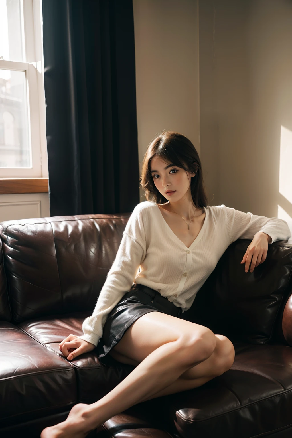 1girll,Sit on a comfortable sofa,Cross ed leg,Soft light