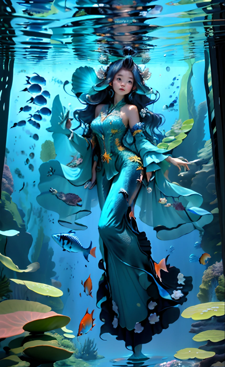 Beautiful and sunny underwater world
Tall and majestic image of a mermaid
Elongated and slender body，Show elegance and power
Smooth shiny scales and skin texture
Long flowing hair，Hair as soft as seaweed
There are fish-like ears on the top of the head
Deep and bright eyes，Reflects the clarity of the sea
Mermaid tail，Fish are brought to life
Plants and marine life in the sea as background elements，Such as coral、Starfish, etc
Harmonious color combination，Such as blue、Green, etc，Echoing the atmosphere of the sea