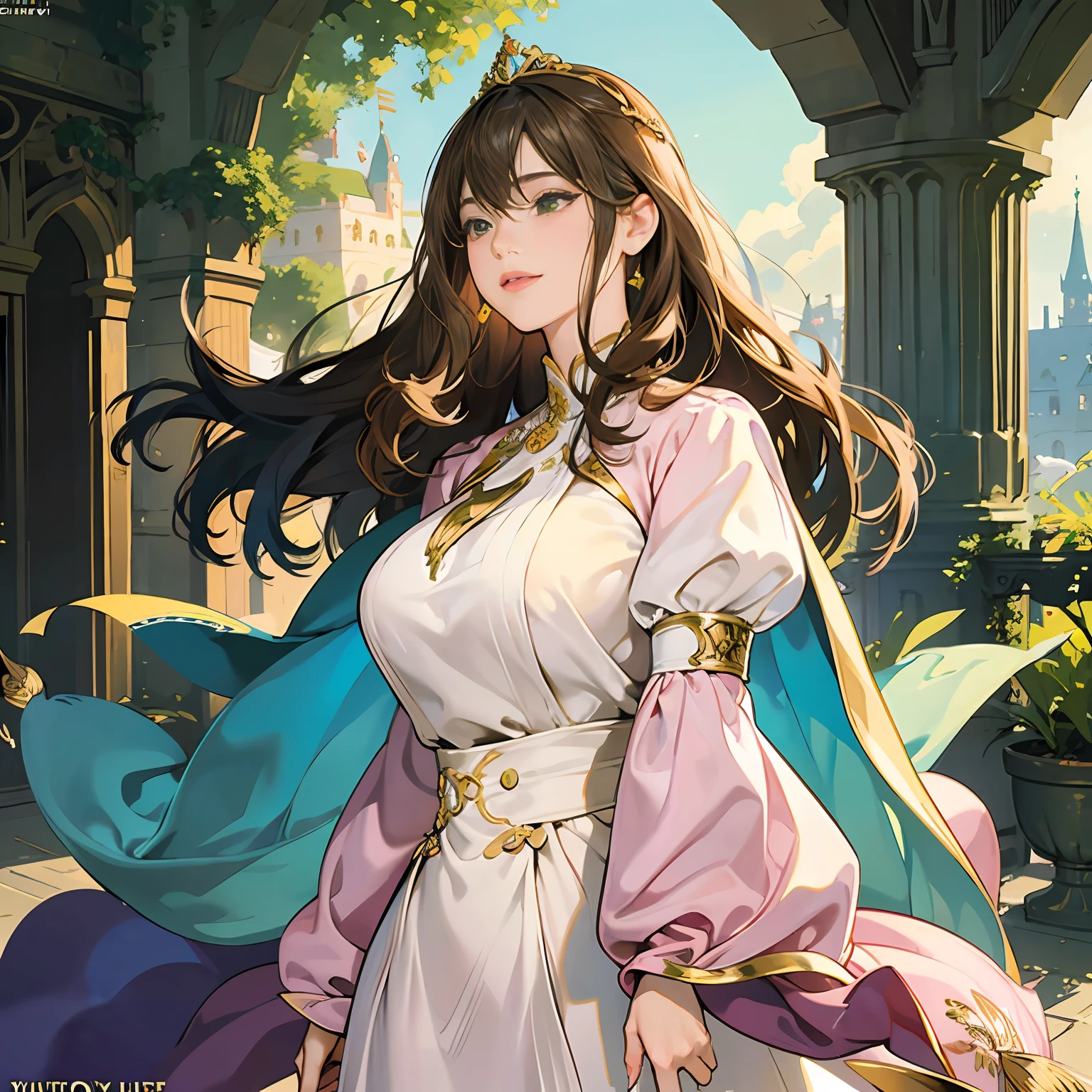 best quality, official art, masterpiece, textile shading, HDR, very detailed, colorful, best details, fantasy, suit, Yui Takamura:1.5, 1 female, 25 years old, best quality, official art, masterpiece, textile shading, HDR, very detailed, colorful, best details, fantasy, battle suit,1 female, 25 years old, standing on stairs,A castle town with an old castle view, sunny,choppy hair, big breast, skinny,Surrounded by a large crowd:1.9、Confetti flutters、Blessed、Being welcomed:1.5、cameltoe:1.3, ground level shot:1.9,