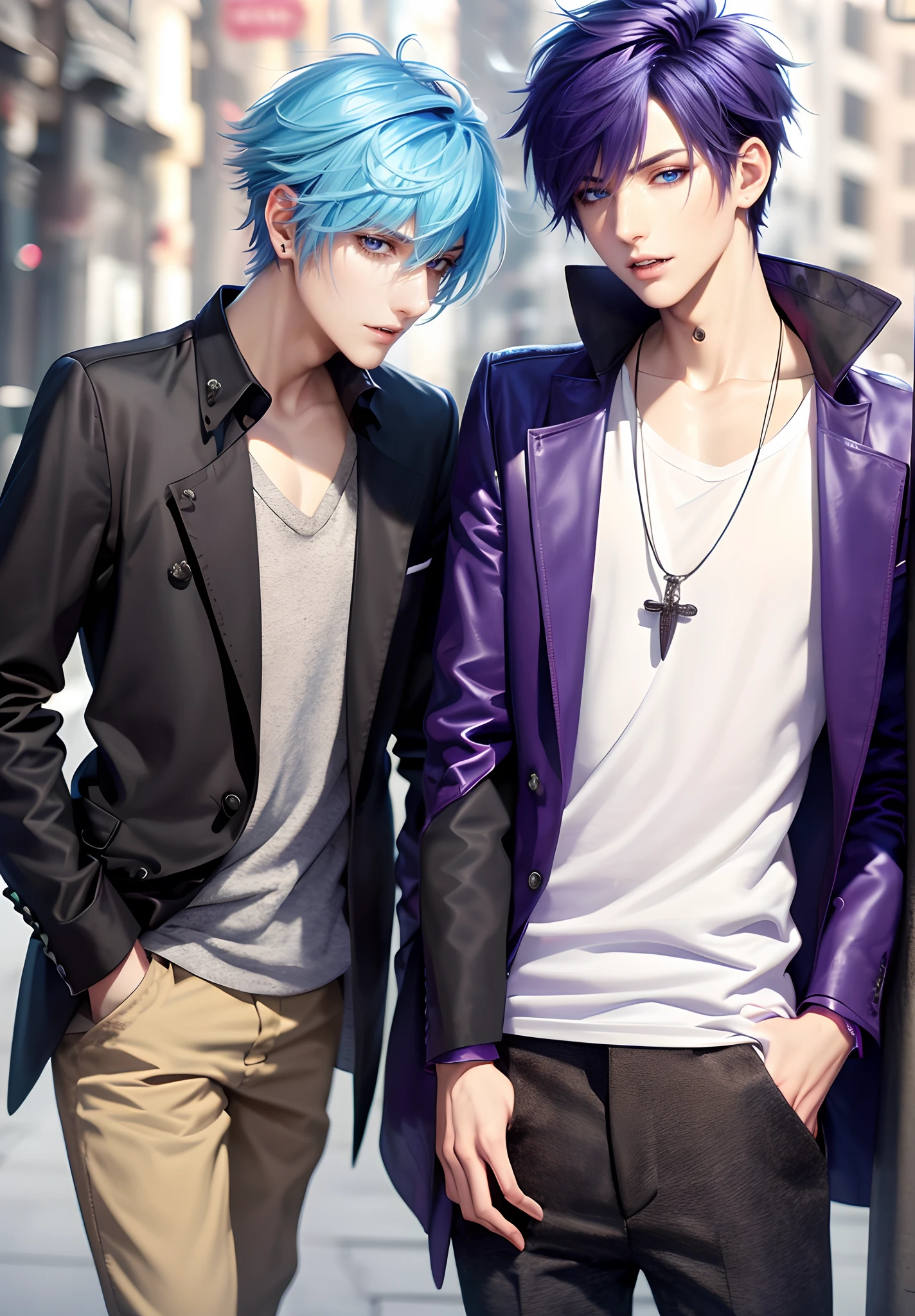 masterpiece, top-quality, 2Others, Male couple, 1 man and 1,, Adults, Height difference, different fashion, different color, finely eye and detailed face, intricate detailes, Casual clothing, Oversized shirt, Modern urban streets, A smile, Happiness, tenderness, queers, Boys Love, high-level image quality、 Two beautiful men、tall、The upper part of the body、nightfall、nighttime scene、𝓡𝓸𝓶𝓪𝓷𝓽𝓲𝓬、Korean Male, Idol Photos, k pop, Professional Photos, Vampires, Korean fashion in black and white, Fedoman with necklace, inspired by Sim Sa-jeong, androgynous vampire, :9 detailed face: 8, extra detailed face, detailed punk hair, ((eyes are brown)) baggy eyes, Seductive. Highly detailed, semi realistic anime, Vampires, hyperrealistic teen, delicate androgynous prince, imvu, short hair above the ears, Man with short hair, With a purple-haired man with a wild expression, Man with light blue hair with gentle expression, ((With a short-haired man with bright purple hair)), ((Man with light blue hair))
