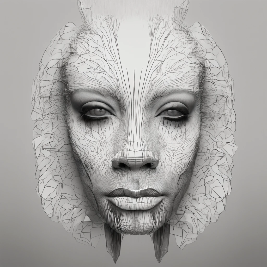 Proposed Color: Monochrome Suggestion Style: Contemporary and simple design、Abstract Representation Suggestion Texture: Textures with smooth textures Description of the proposed line: Blur the boundaries of the face with clear contours、Flowing curves to express the contrast between the inner and outer surfaces Description of the proposal form: Half of its face is a creature with animal features.、The other half is symmetrically arranged as a human face