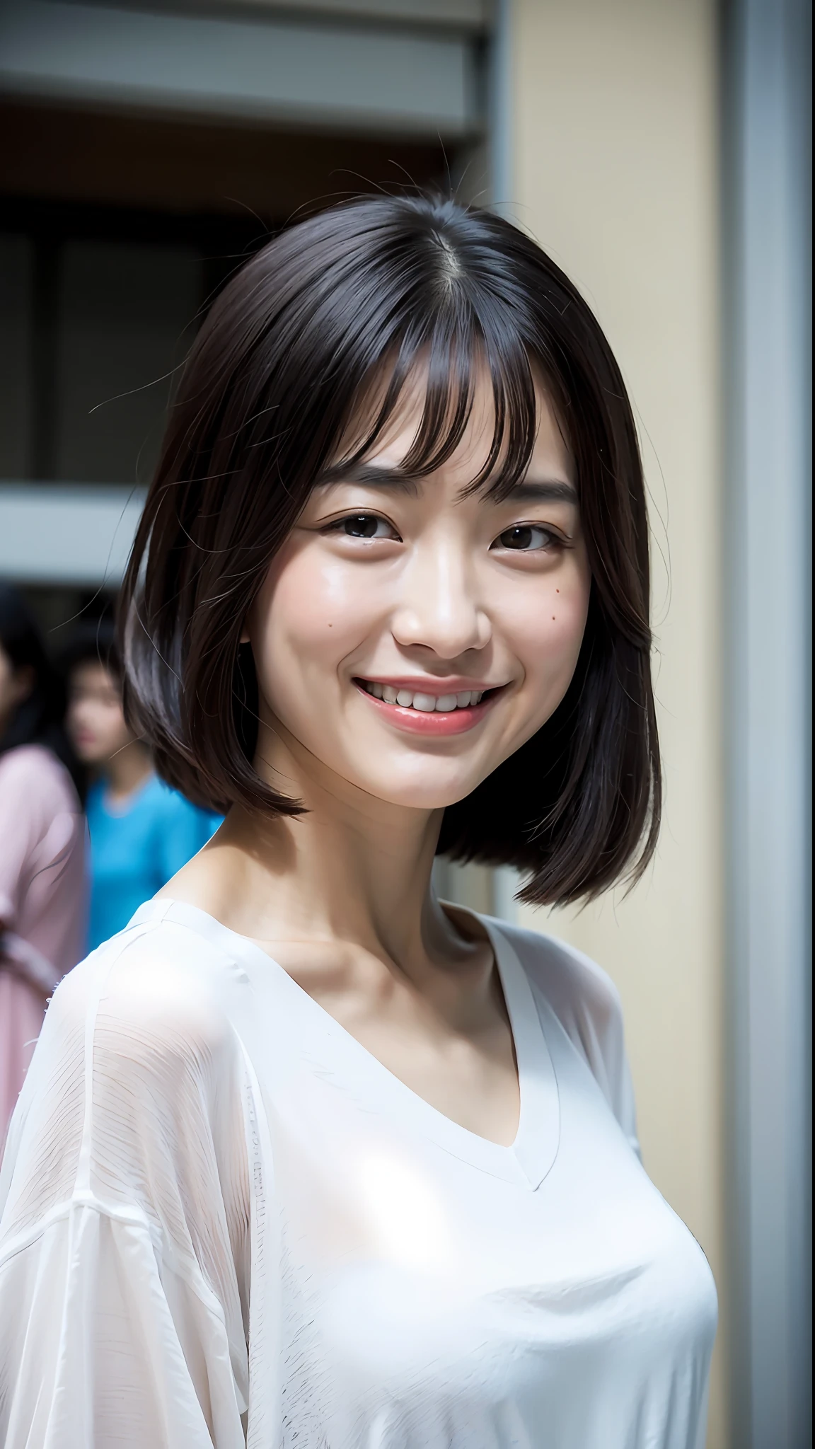 (top-quality、8k、32k、masterpiece、UHD:1.2)、Photo of a cute Japanese woman、large full breasts、Transparent T-shirt、No underwear、Bob Medium Bob、full bodyesbian、sface focus、oversized_sweater、a necklace、simple background、frombelow、looking at the viewers、a smile、Rain Street Corner