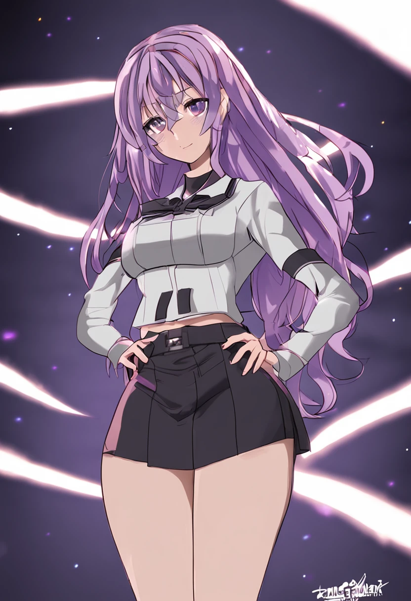 Fergolekou, Raikou, Long hair, Parted bangs, (Purple eyes:1.1), Purple hair, Break the black sailor's collar, Black Serafoku, Black shirt, Black skirt, Crop top, crop top overhang, Long skirt, navel, Cord, Sailor collar, school uniform, serafuku, shirt, Short sleeves, Skirt, Thighs, underbust, BREAK outdoors, City, BREAK looking at viewer, Break (Masterpiece:1.2), high resolution, Unity 8k wallpaper, (Beautiful detailed eyes:1.6), Extremely detailed face, Perfect lighting, Extremely detailed CG, (Perfect hands, Perfect anatomy), red hair, star hair ornament, star hair ornament, (illustration:0.8), Best quality