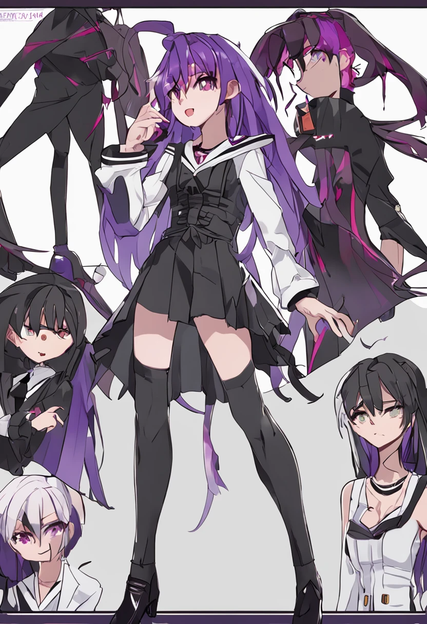Fergolekou, Raikou, Long hair, Parted bangs, (Purple eyes:1.1), Purple hair, Break the black sailor's collar, Black Serafoku, Black shirt, Black skirt, Crop top, crop top overhang, Long skirt, navel, Cord, Sailor collar, school uniform, serafuku, shirt, Short sleeves, Skirt, Thighs, underbust, BREAK outdoors, City, BREAK looking at viewer, Break (Masterpiece:1.2), high resolution, Unity 8k wallpaper, (Beautiful detailed eyes:1.6), Extremely detailed face, Perfect lighting, Extremely detailed CG, (Perfect hands, Perfect anatomy), red hair, star hair ornament, star hair ornament, (illustration:0.8), Best quality