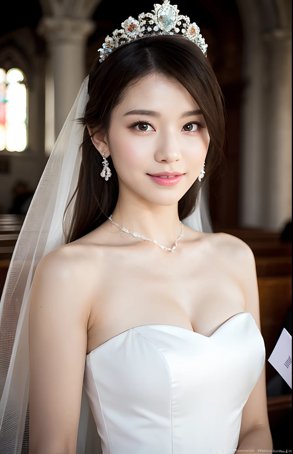 Turbulent posture, (very delicate and beautiful work), (masterpiece), 1girl, girl in a wedding dress with a tiara on her head, in front of the church, veil, lace, throwing a bouquet up, high definition, ridiculous, charming expression, smile, beautiful clear eyes, green eyes, delicate necklace, delicate earrings, whole body, various poses, simple background blur, ultra-fine depiction, beautiful, charming, ultra-fine painting, Delicate face, delicate figure, slender collarbone, lovely lips, beauty big, soft back, mix4, (8k, RAW photo, best quality), masterpiece: 1.2), (realistic, photorealistic: 1.37), one girl, cute, professional lighting, photon mapping, radiosity, physically based rendering