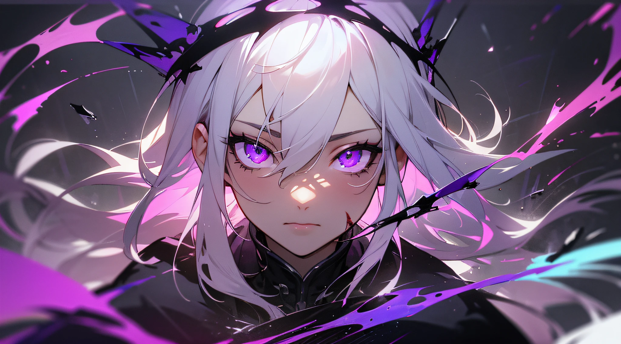 (masterpiece, best quality, ultra-detailed, best shadow), (detailed background,dark fantasy), (beautiful detailed face), high contrast, (best illumination, an extremely delicate and beautiful), ((cinematic light)), colorful, hyper detail, dramatic light, intricate details, (1girl, solo,white hair, sharp face,purple eyes, hair between eyes,dynamic angle), blood splatter, swirling black light around the character, depth of field,black light particles,(broken glass),magic circle,