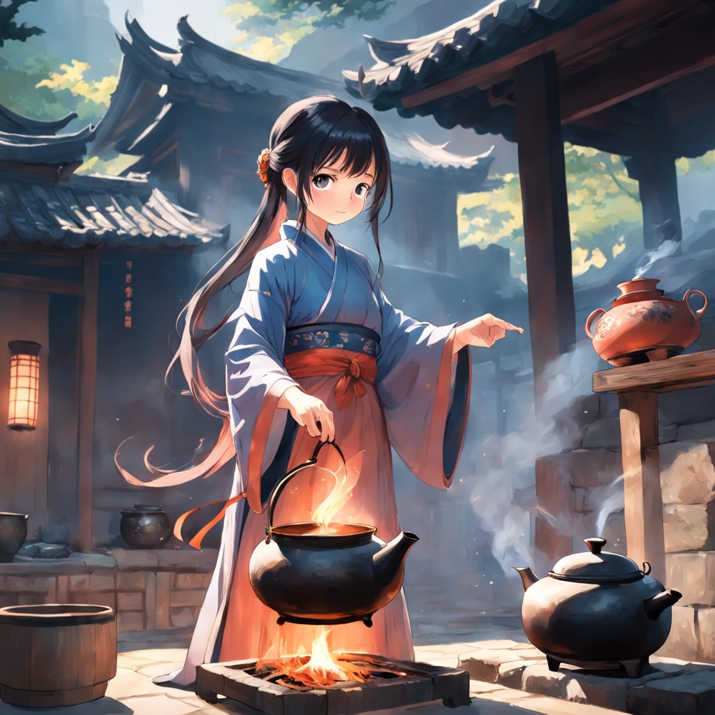 A person dressed in ancient Chinese chef's attire, holding a wok and an iron spatula in hand, surrounded by ancient kitchen buildings and scenery such as palaces and landscapes.,in the style of the stars art group xing xing, 32k, best quality, masterpiece, super detail, high details